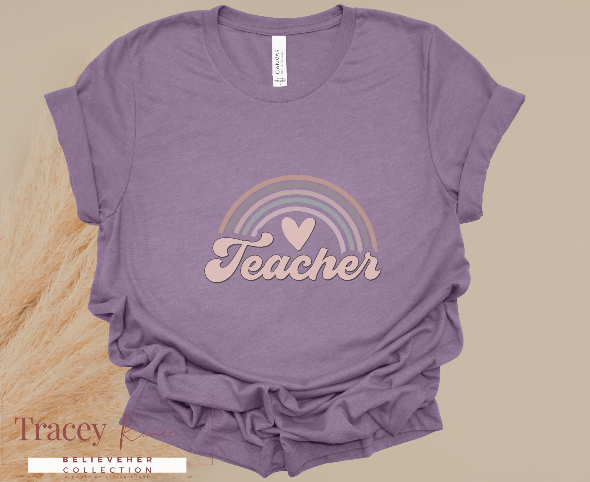 Teacher Rainbow T-Shirt: Spring Apparel for Educators - Purple Tee with Retro Design