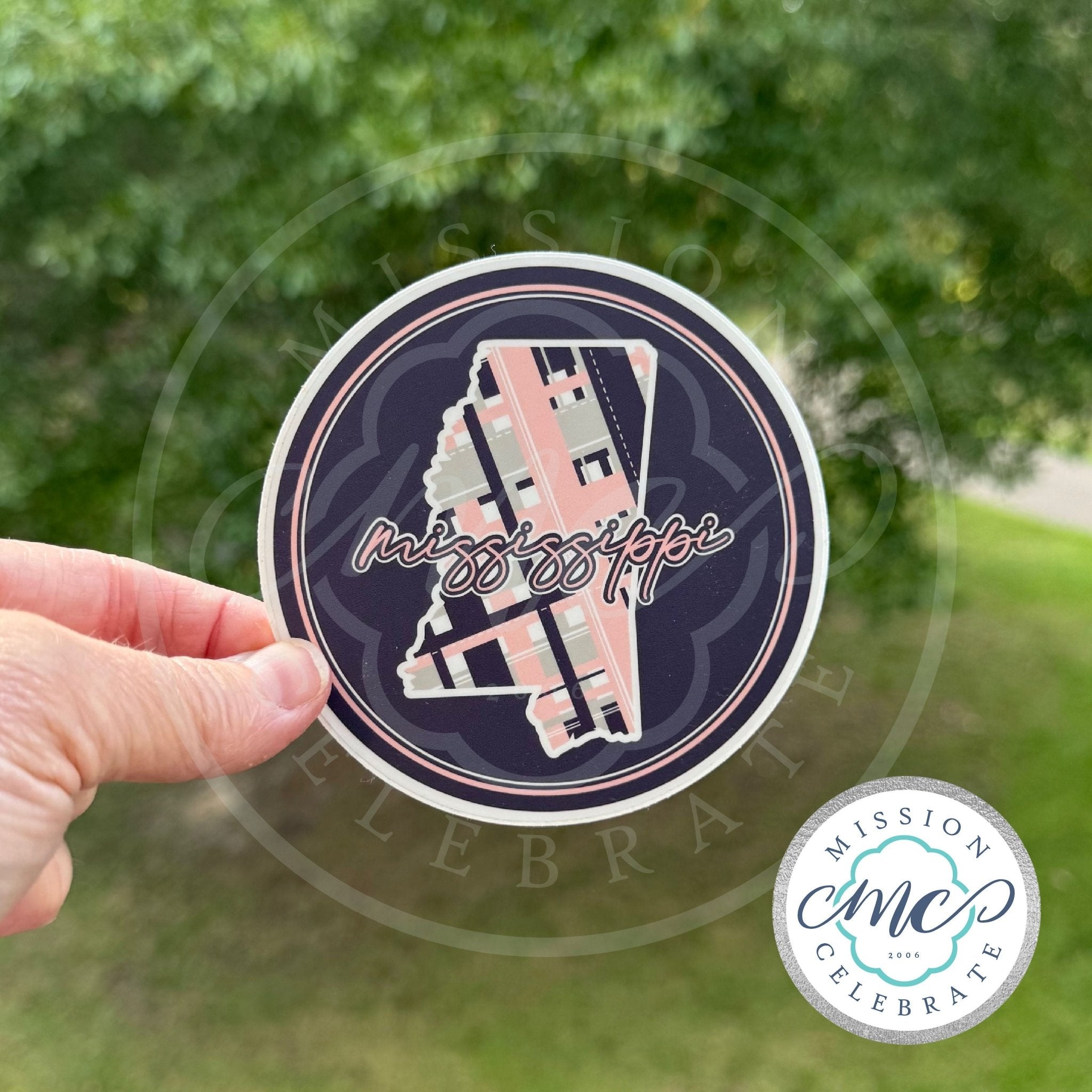 Mississippi Plaid Art Decal - Pink, Gray, Navy - 3" Round Sticker for Indoor/Outdoor Use - Main Street Collective