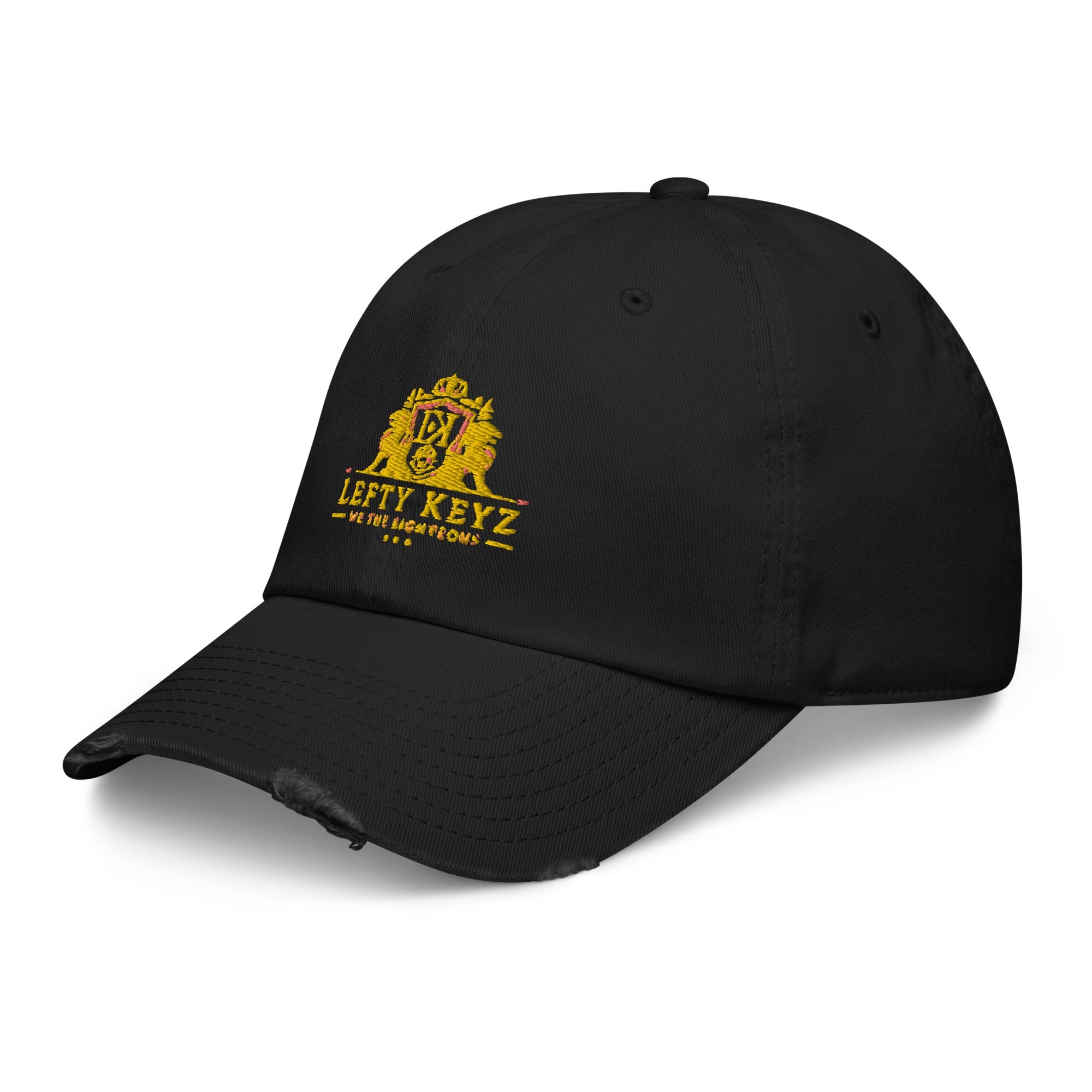 Black Distressed Dad Hat - Lefty Keyz Edition. Vintage-style cap with logo. Casual wear for fans.