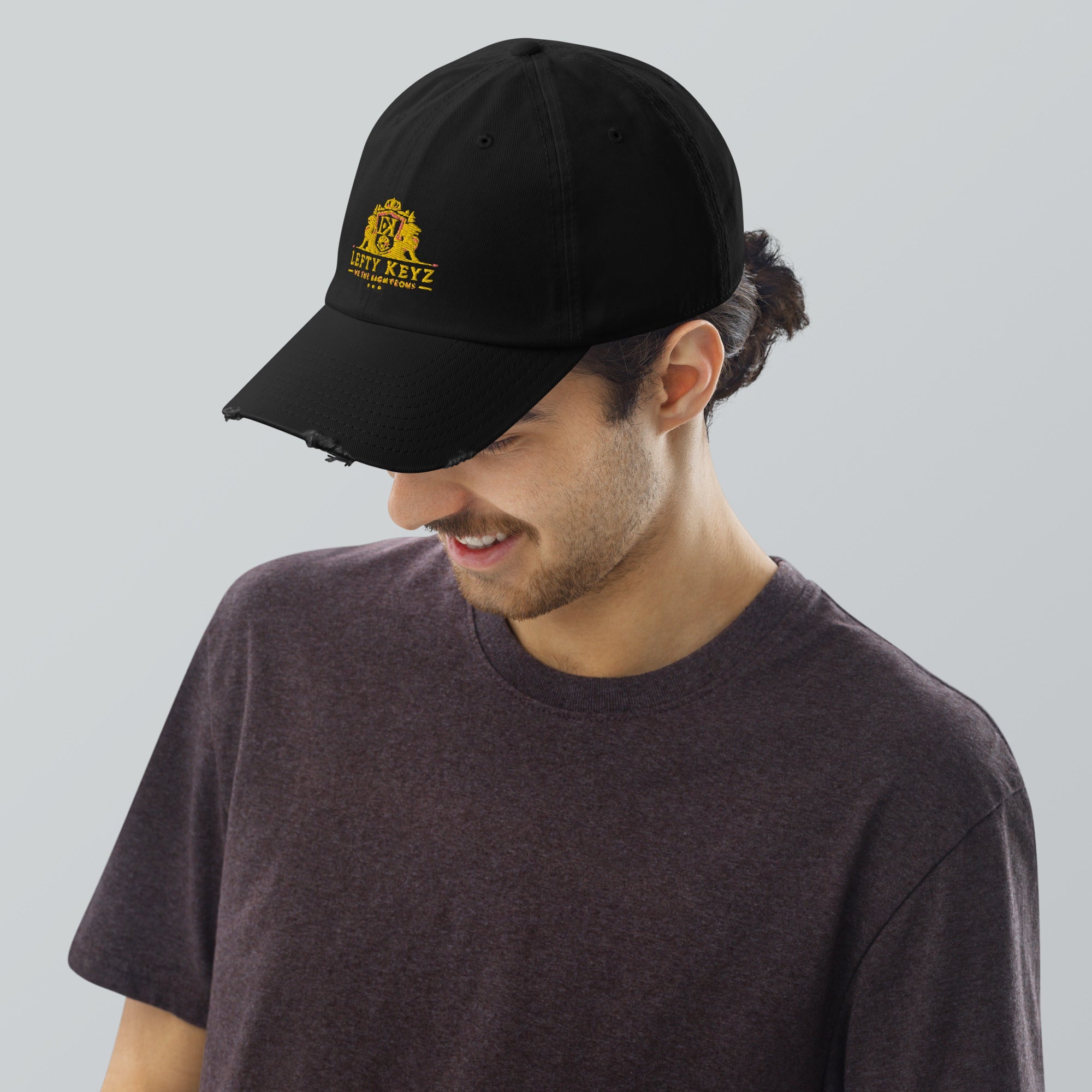 Leftykeyz Edition Distressed Dad Hat - Black cap featuring the Leftykeyz logo, men's casual style