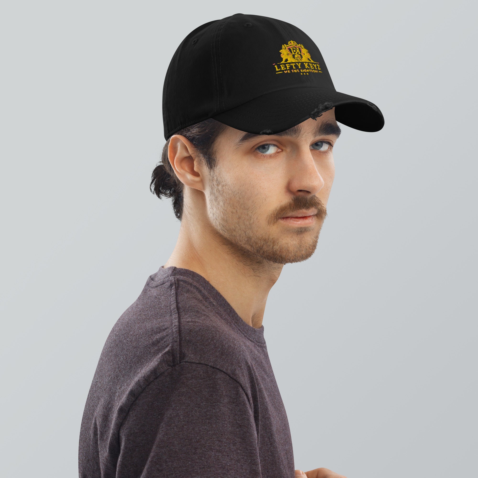 Lefty Keyz Distressed Black Dad Hat - Vintage Style Cap with Logo