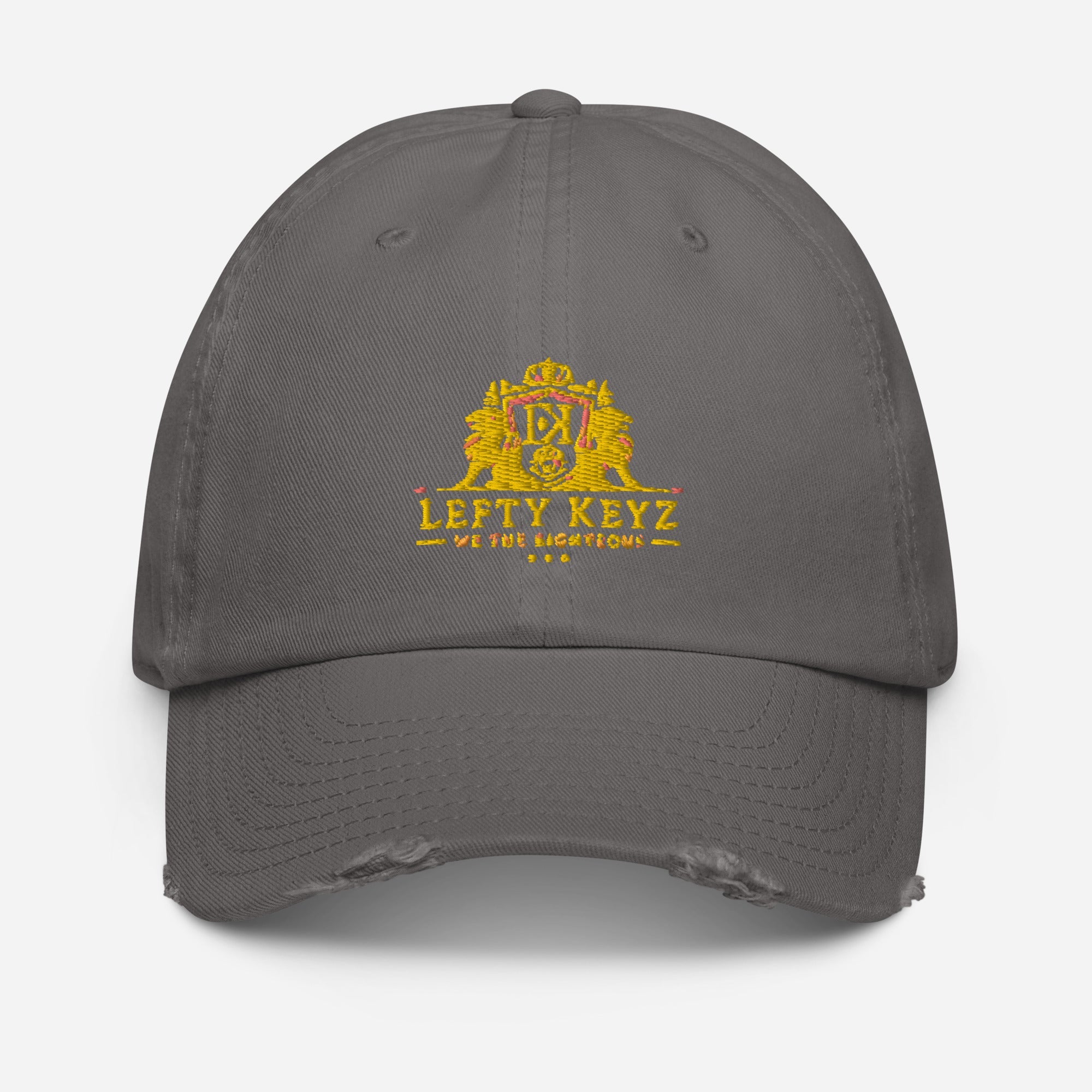Lefty Keyz Distressed Dad Hat: Vintage Style, Adjustable Fit, Embroidered Logo. Fashionable baseball cap.
