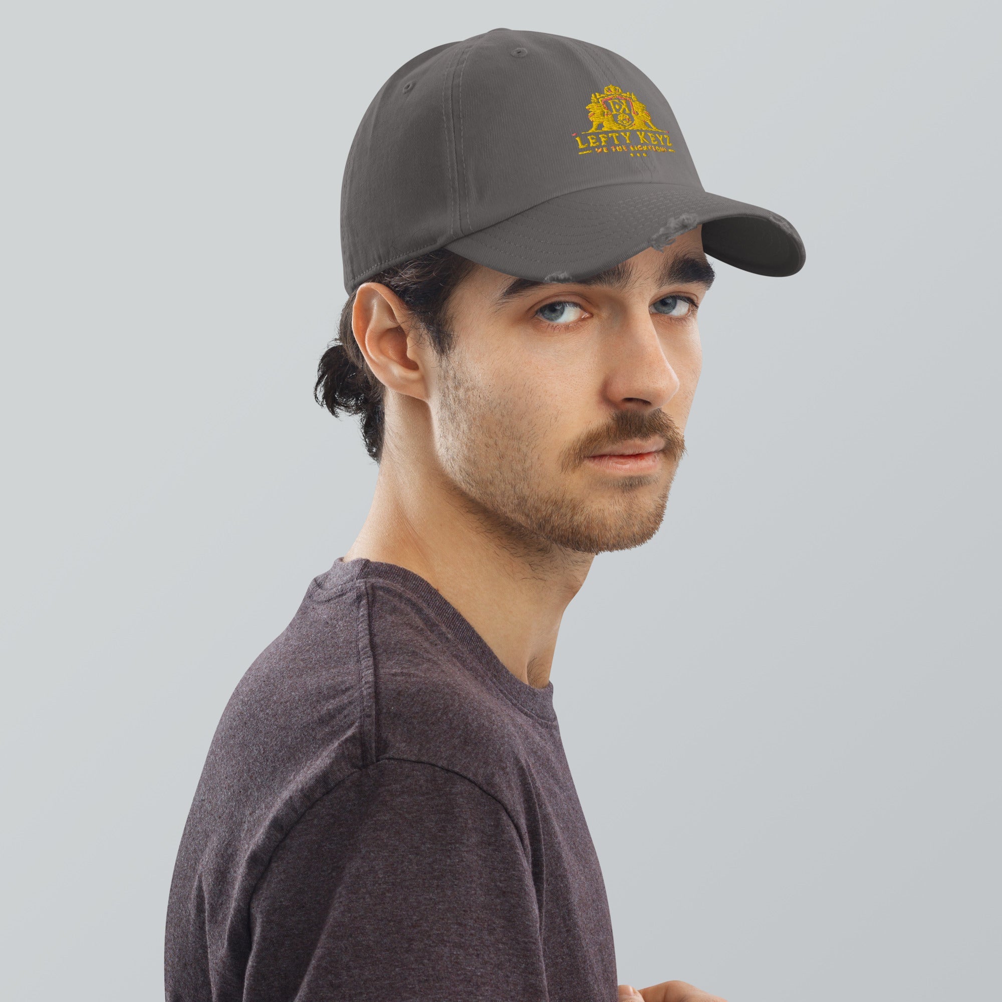 Lefty Keyz Distressed Dad Hat: Grey cap, Men's Fashion, Distressed Style