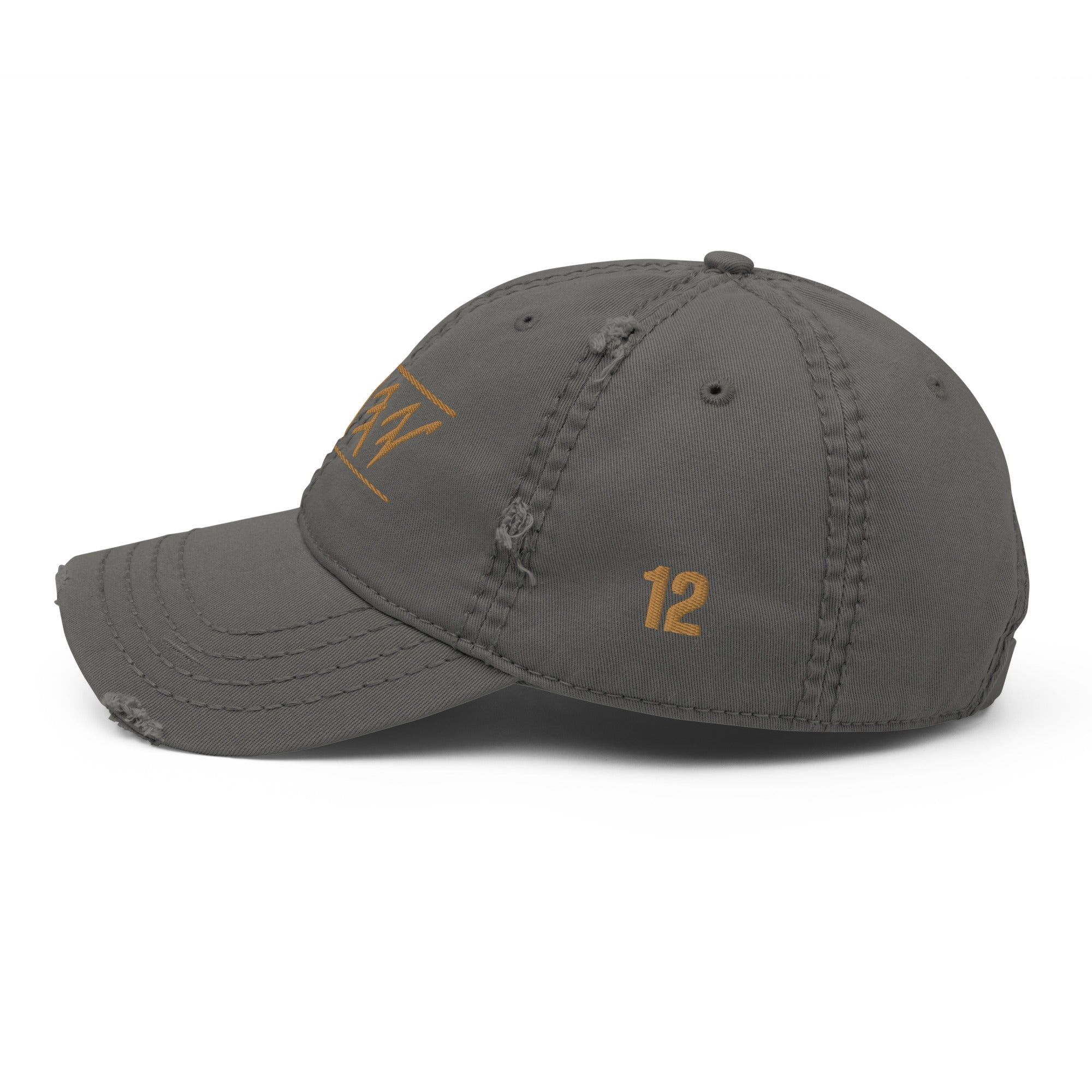 Distressed Grey Dad Hat with Gold "12" and Hebrew Text Embroidery - Side View