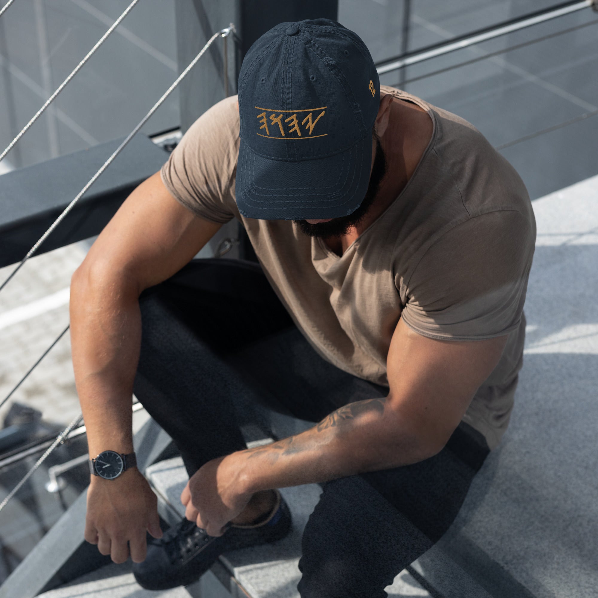 Yahuah Paleo Hebrew Distressed Dad Hat | Main Street Collective | Man Wearing Hat | Faith-Based Apparel