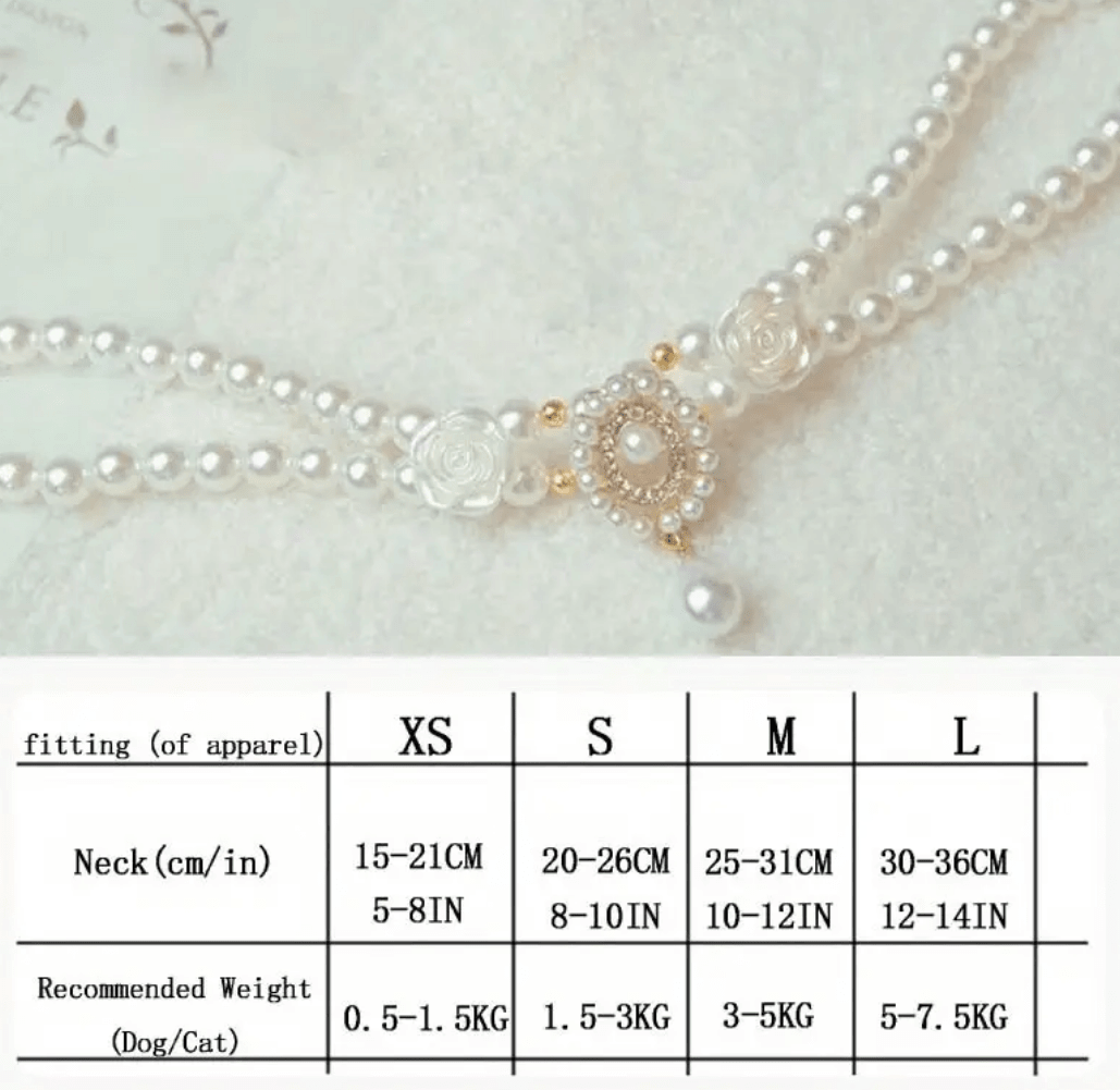 Pearl Pet Necklace Sizing Chart: Find the Perfect Fit for Your Dog or Cat. XS, S, M, L sizes guide. Rose detail. Pet Accessories