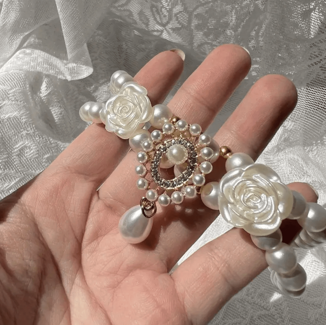 Pearl Pet Necklace with Rose Accents - Luxury Dog Cat Jewelry by Coastal Couture