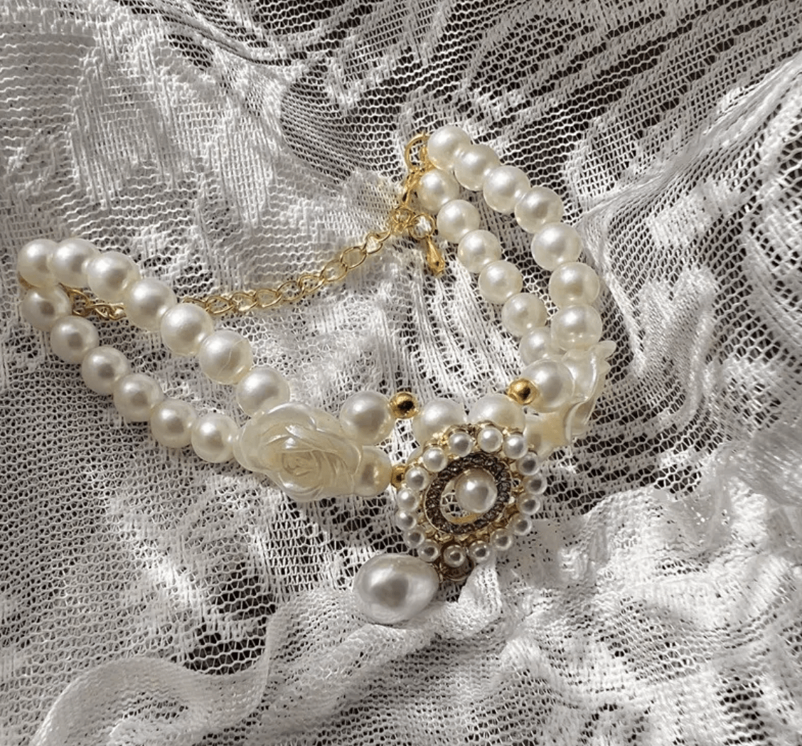 Coastal Couture Pearl Pet Necklace with Rose Accents | Dog & Cat Jewelry
