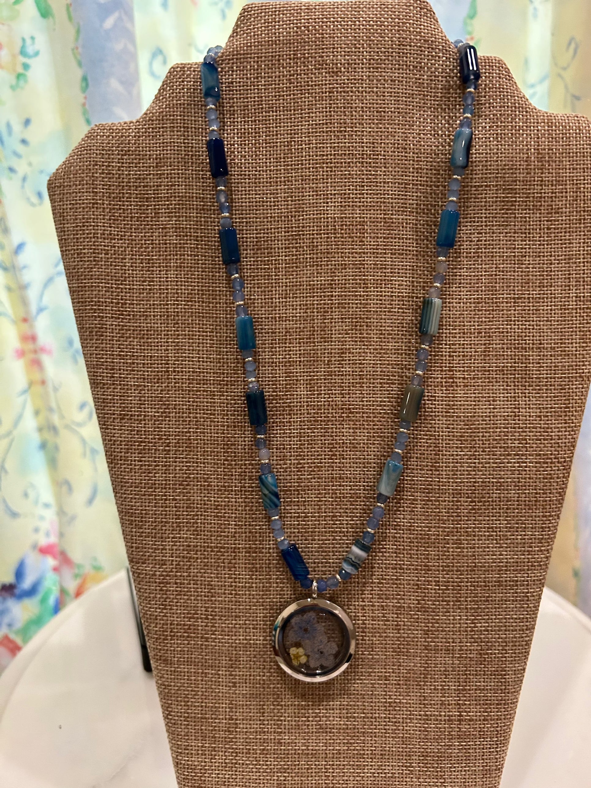 Soulful designs 18" necklace with Blue Agate beads with resin and dried flower charm
