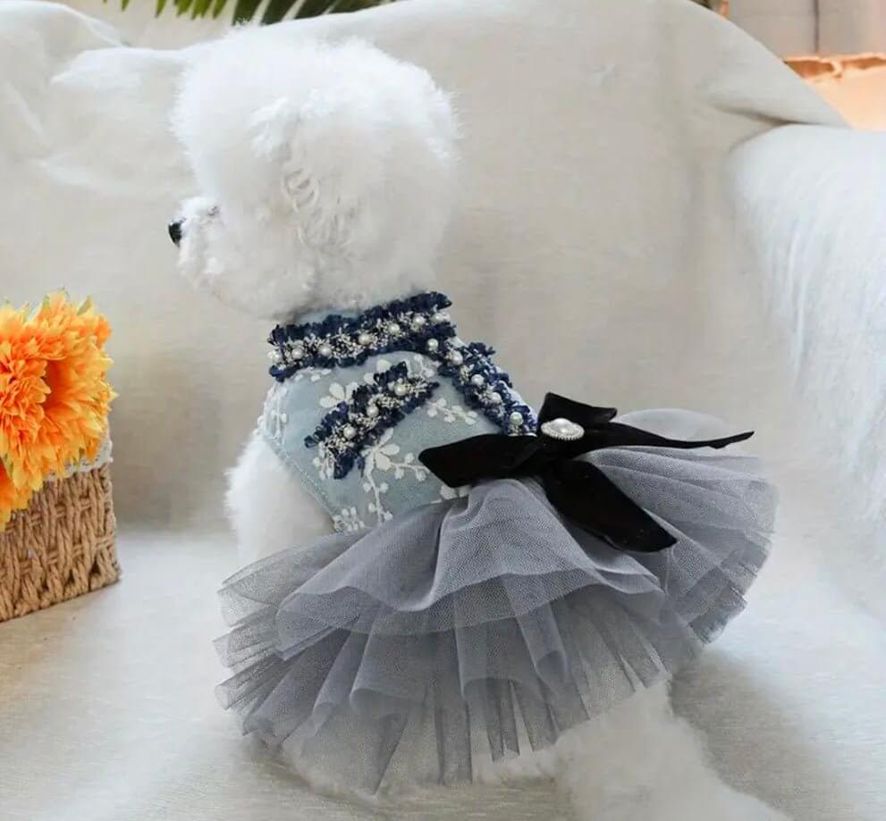 Blue & Grey Dog Dress: Tulle, Pearls, Bow | Coastal Couture Boutique