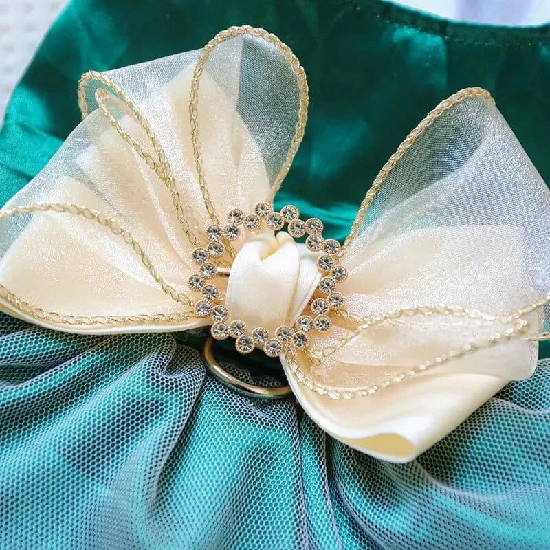 Green Dog Dress with Tulle Bow & Diamond Accent - Elegant Pet Fashion