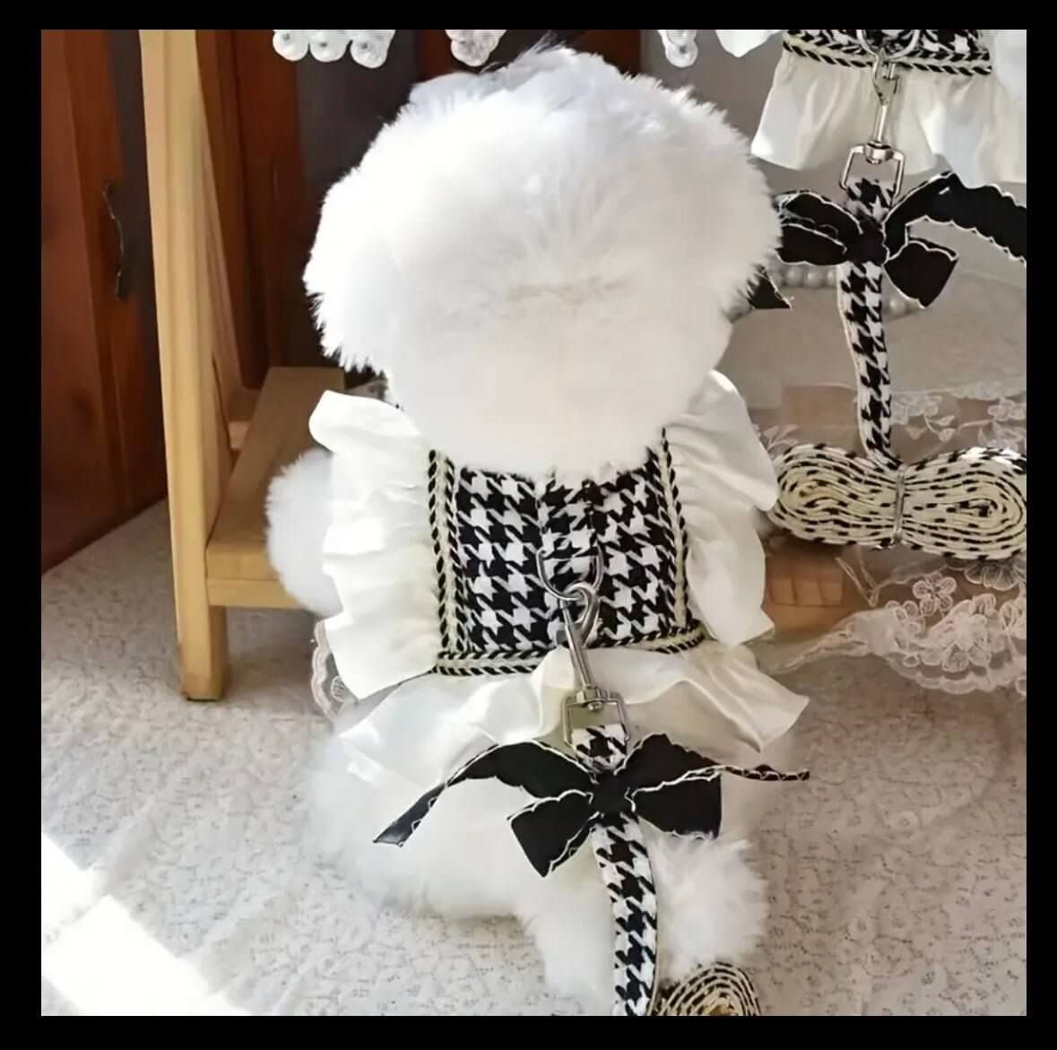 Houndstooth Dog Harness & Bow Leash Set - Coastal Couture Pet Boutique - Luxury Pet Fashion