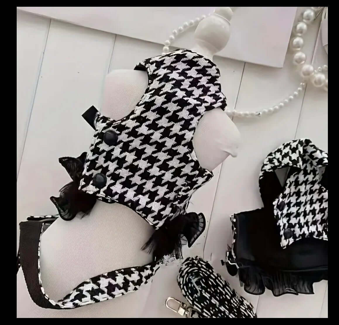 Houndstooth Dog Harness with Flower & Leash | Coastal Couture - Luxury Pet Accessory