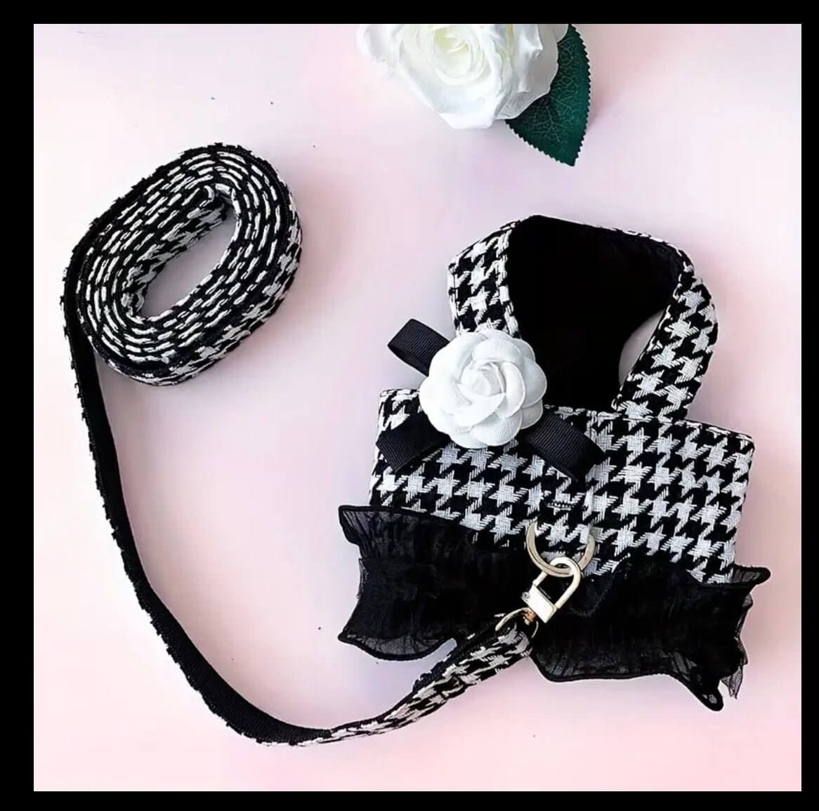 Houndstooth Dog Harness with Flower | Luxury Pet Leash Set | Elegant & Adjustable