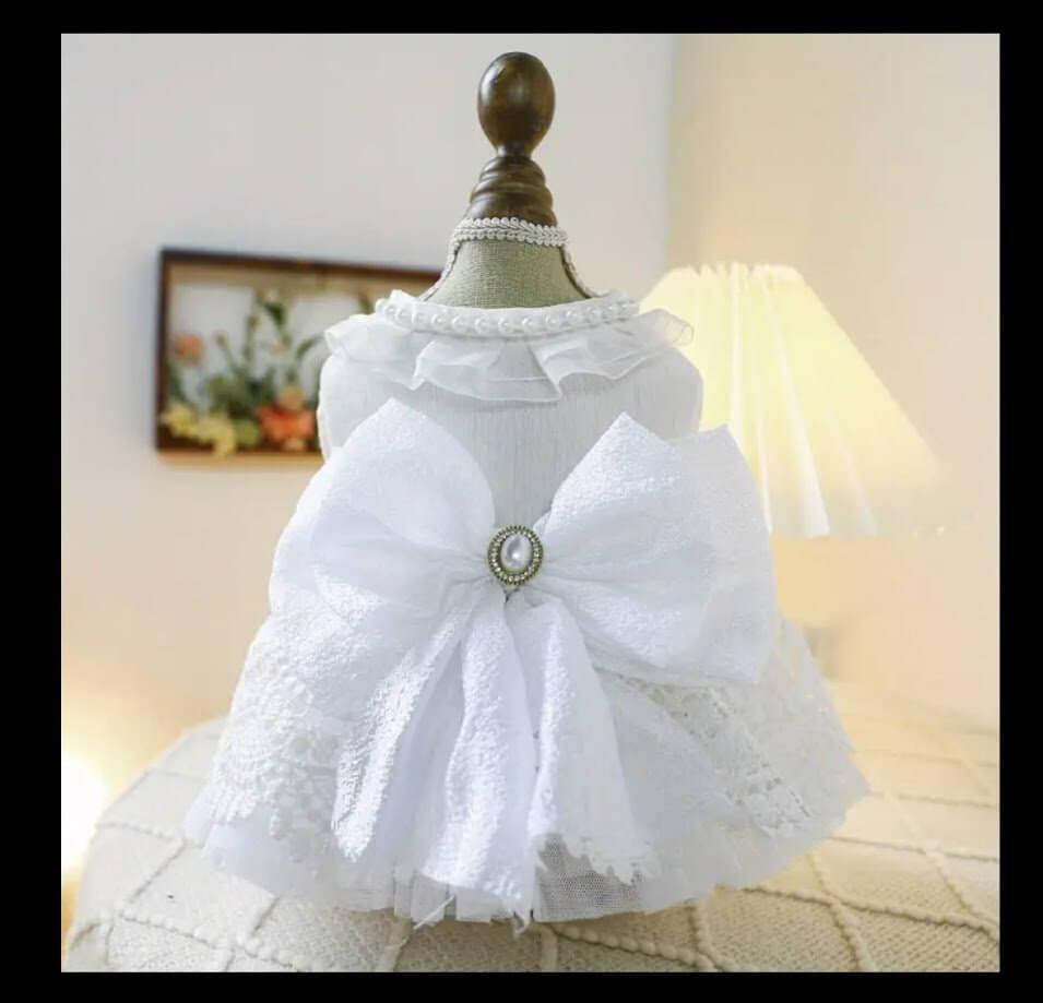 Elegant White Dog Wedding Dress | Lace Bow Pet Formal Wear