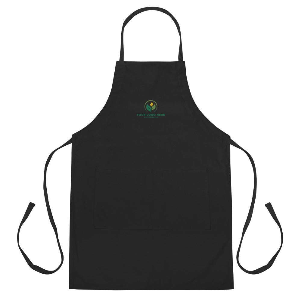 Custom Embroidered Black Apron with Logo. Durable Cotton/Polyester Blend. Chef, Kitchen, Restaurant, Workwear. Customizable Design.
