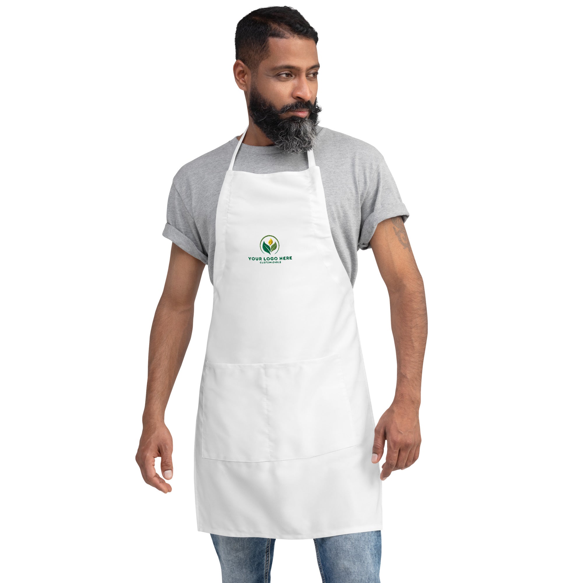 Man Wearing Customizable White Apron with Logo. Workwear for Chef, Baker, or Craft. Personalized Apron. Shop Now!