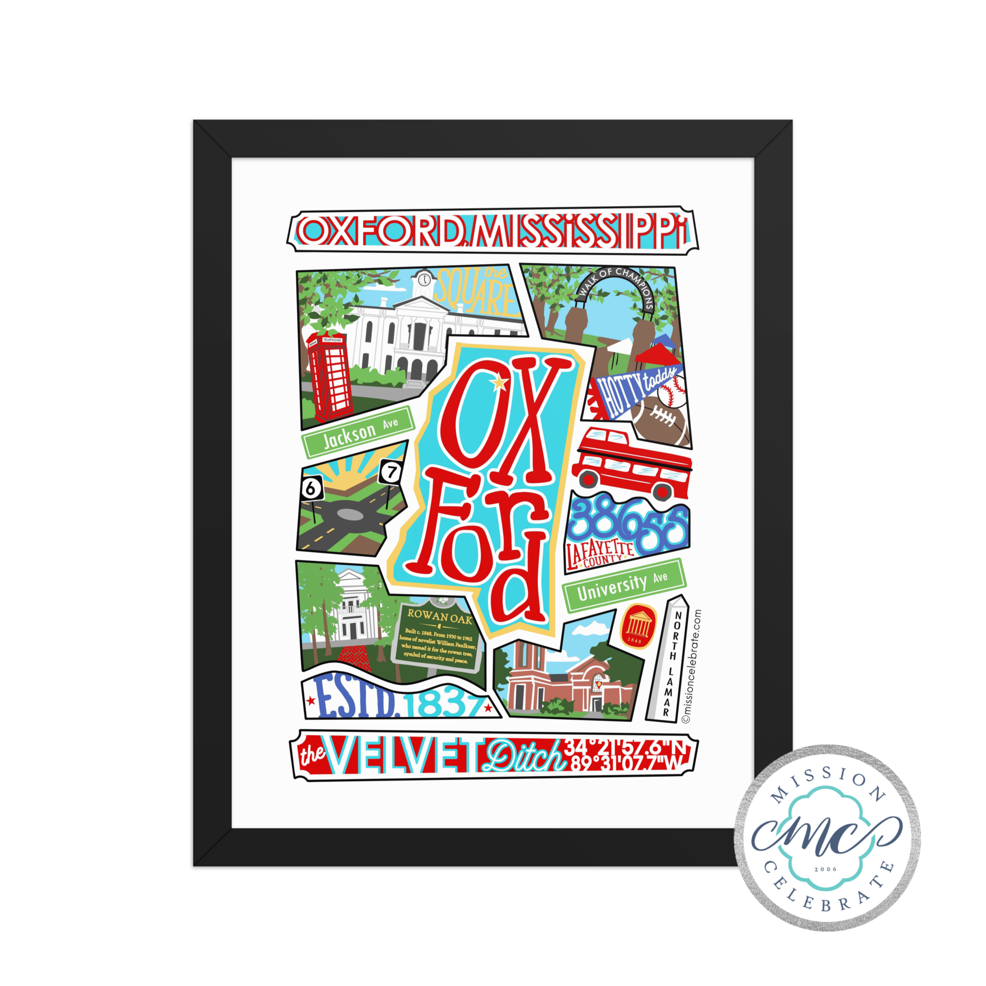 Oxford Mississippi Collage Art Print - Leslie Gonce. Landmarks, Square, Rowan Oak, Hotty Toddy. Home Decor Gift.