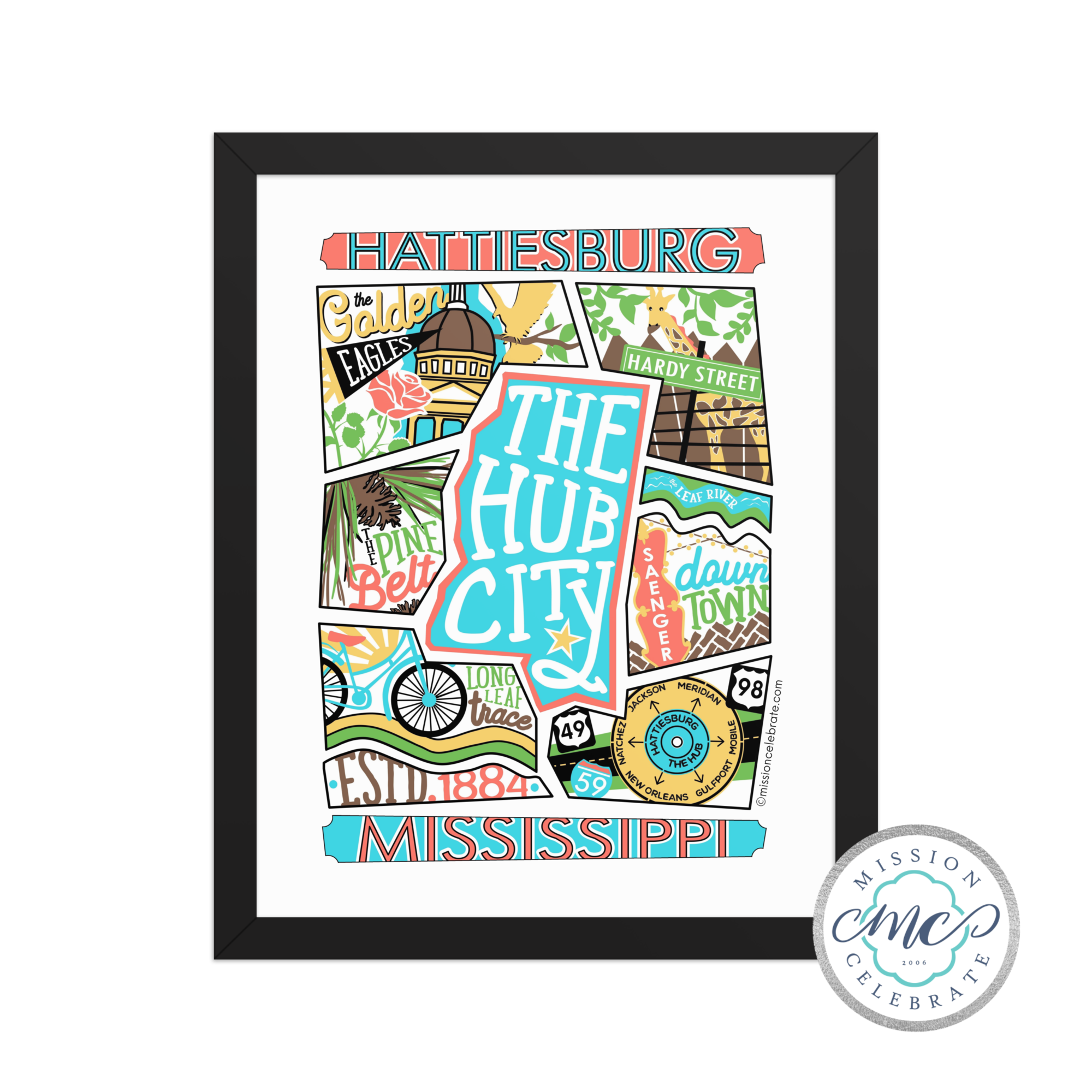 Hattiesburg Mississippi Art: "The Hub City" Collage Framed Print by LeslieGonce. Southern Miss Golden Eagles artwork