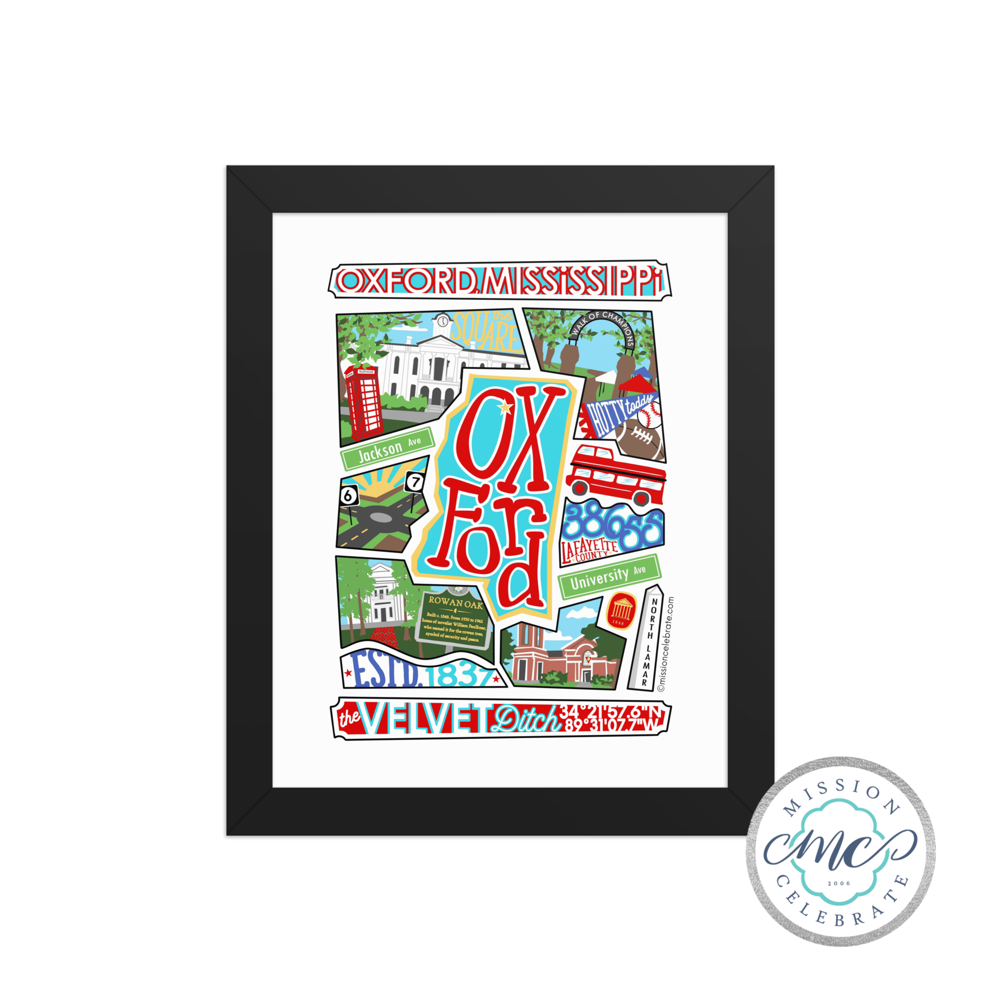 Oxford Mississippi Art: The Velvet Ditch Collage by Leslie Ponce. Framed Print for Oxford Lovers - 8x10 or 11x14.