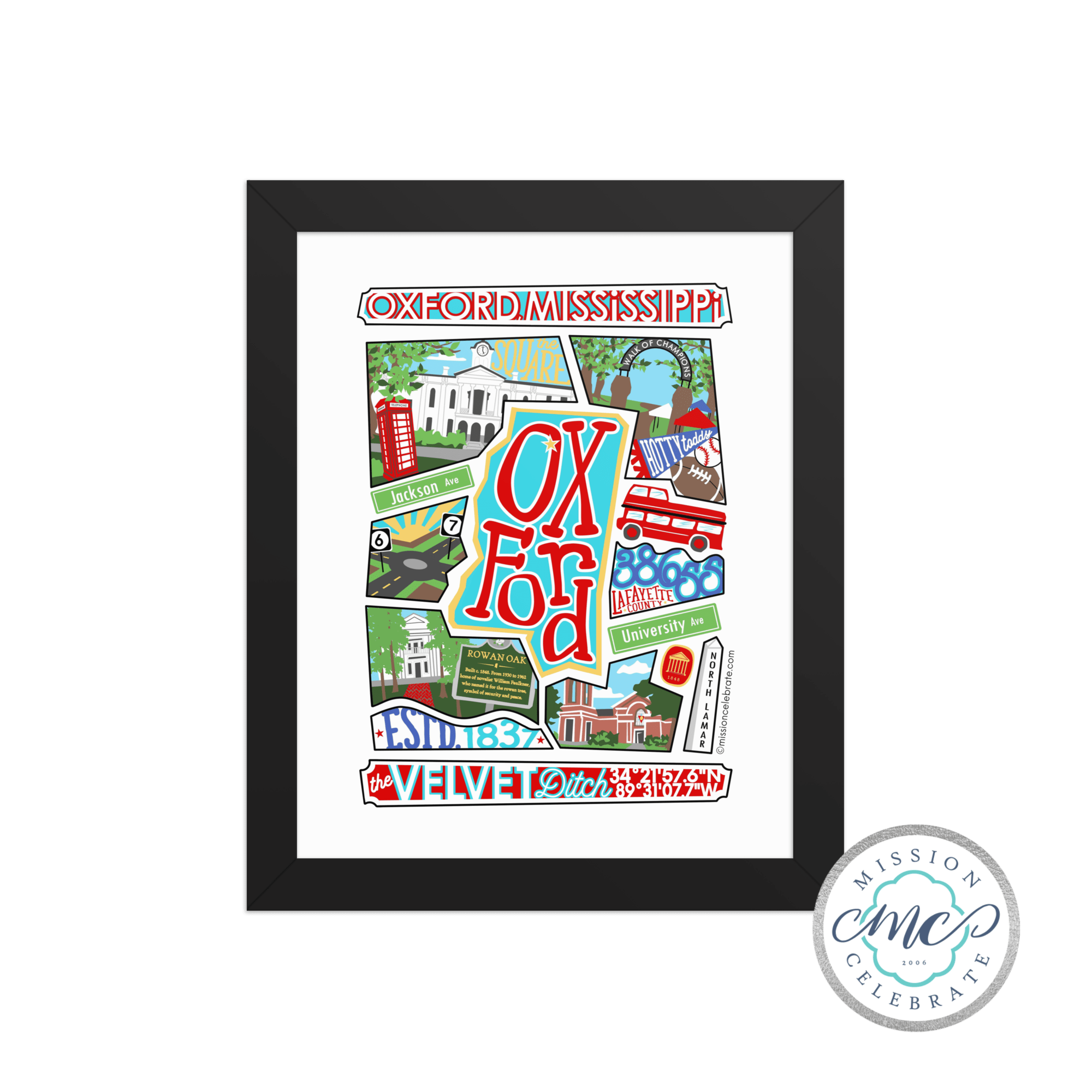 Oxford Mississippi Art Collage Framed Print by Main Street Collective: Velvet Ditch, Rowan Oak, Ole Miss Landmarks