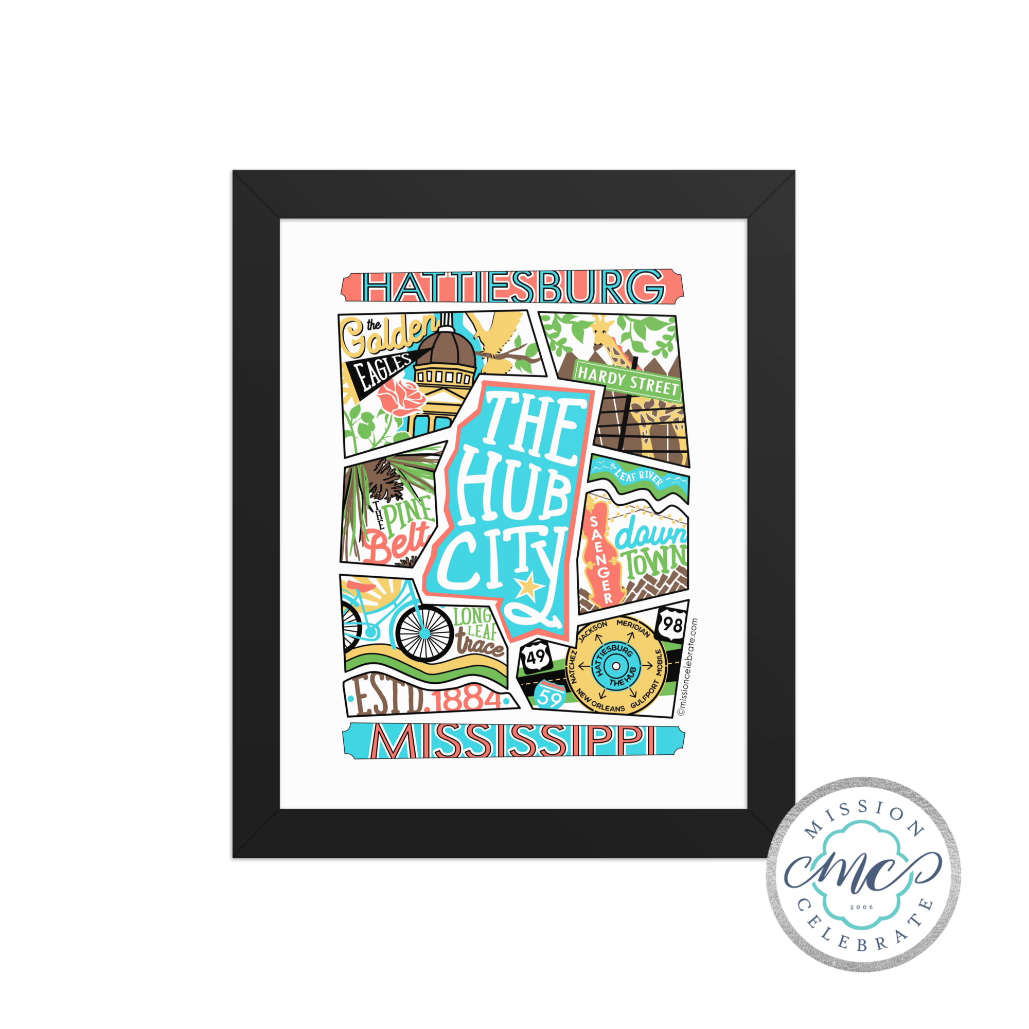 Hattiesburg Mississippi collage art print by LeslieGonce: \"The Hub City\". Framed local artwork, Southern Mississippi decor.