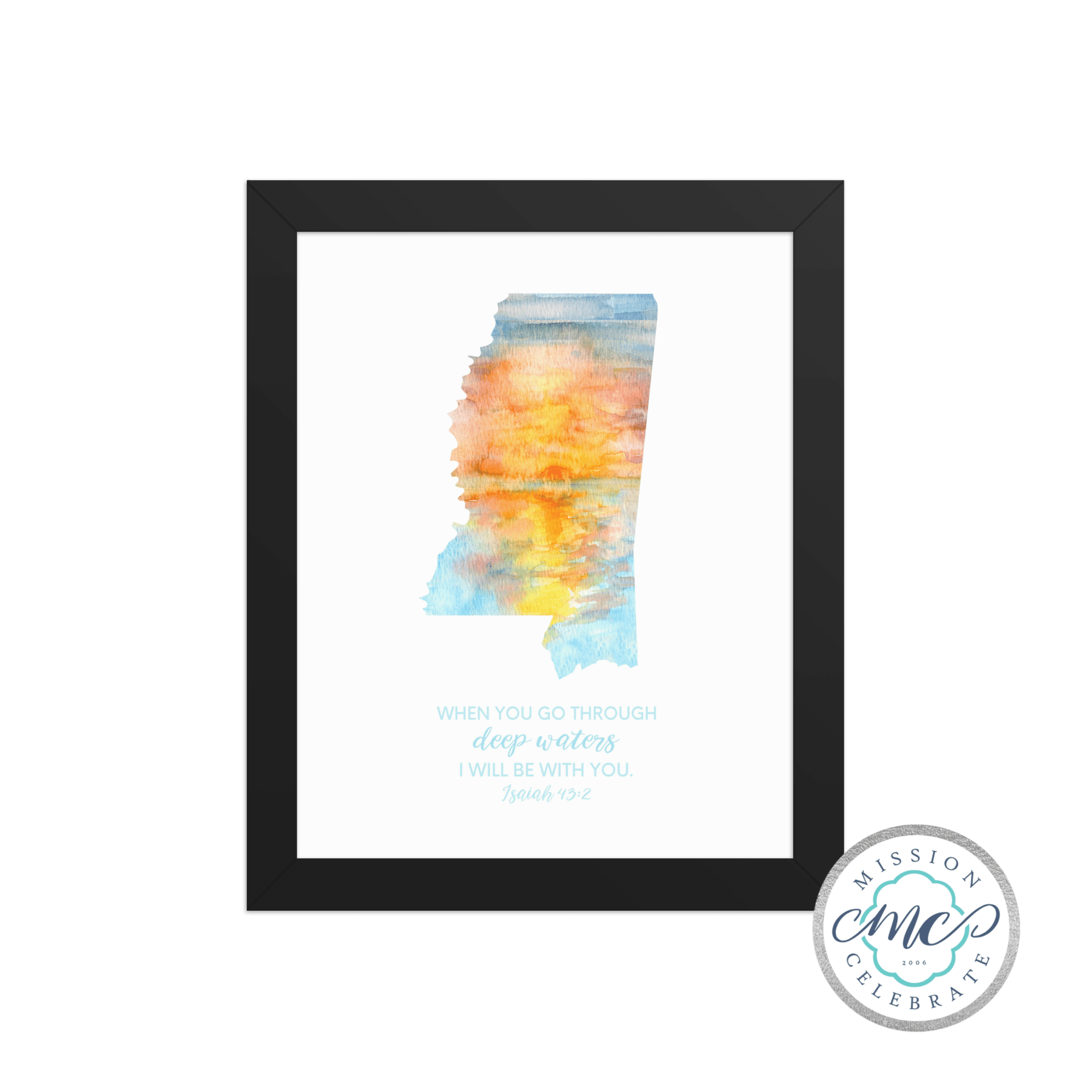 Mississippi Sunrise Watercolor Art Print - Isaiah 43:2 Framed - Mississippi Artist Leslie Gonce