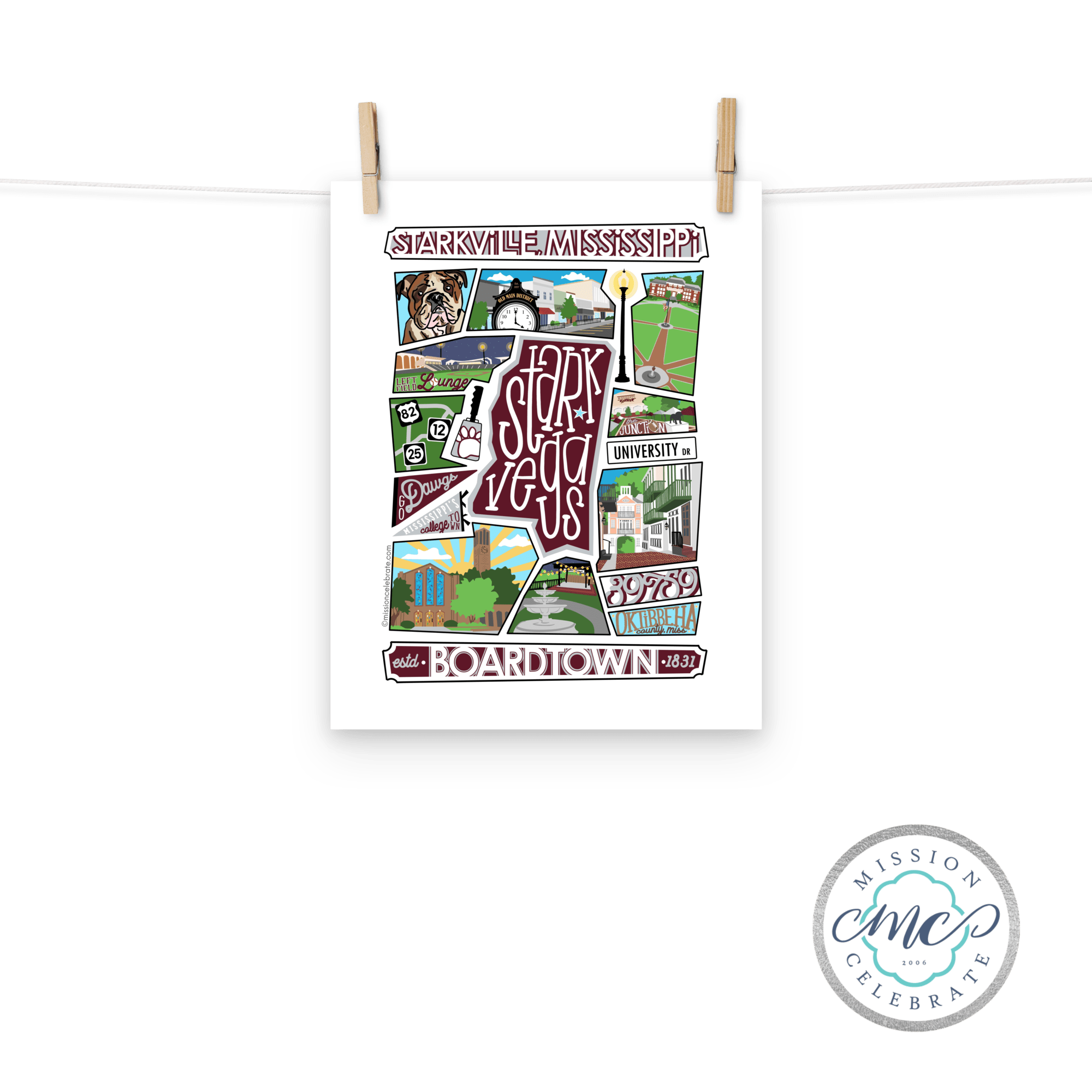 Starkville Mississippi Collage Art Print: Starkvegas Landmarks by Leslie Goncé.