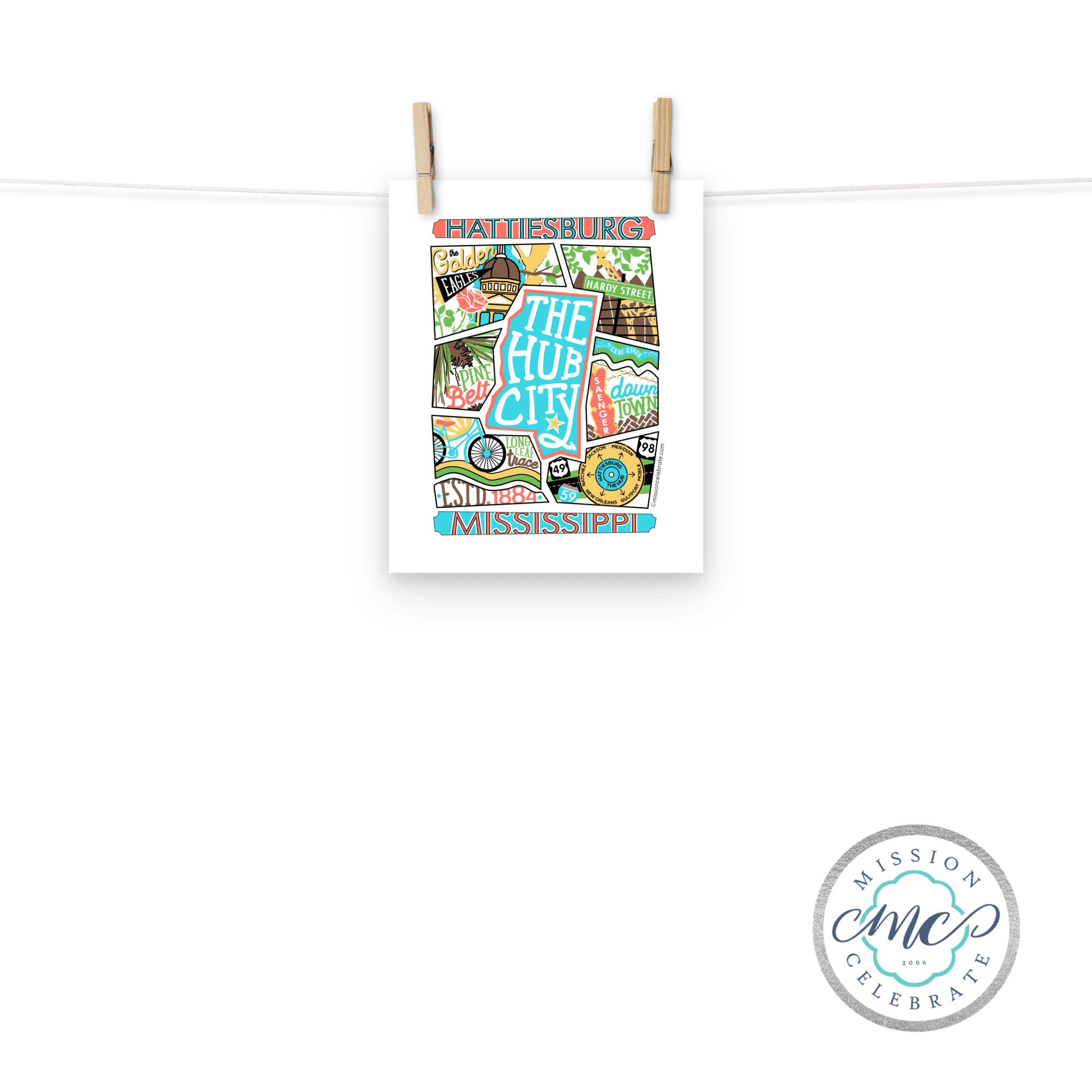 Hattiesburg Mississippi Art Print - The Hub City Collage Art by Leslie Goncé - Unique Souvenir, State Pride