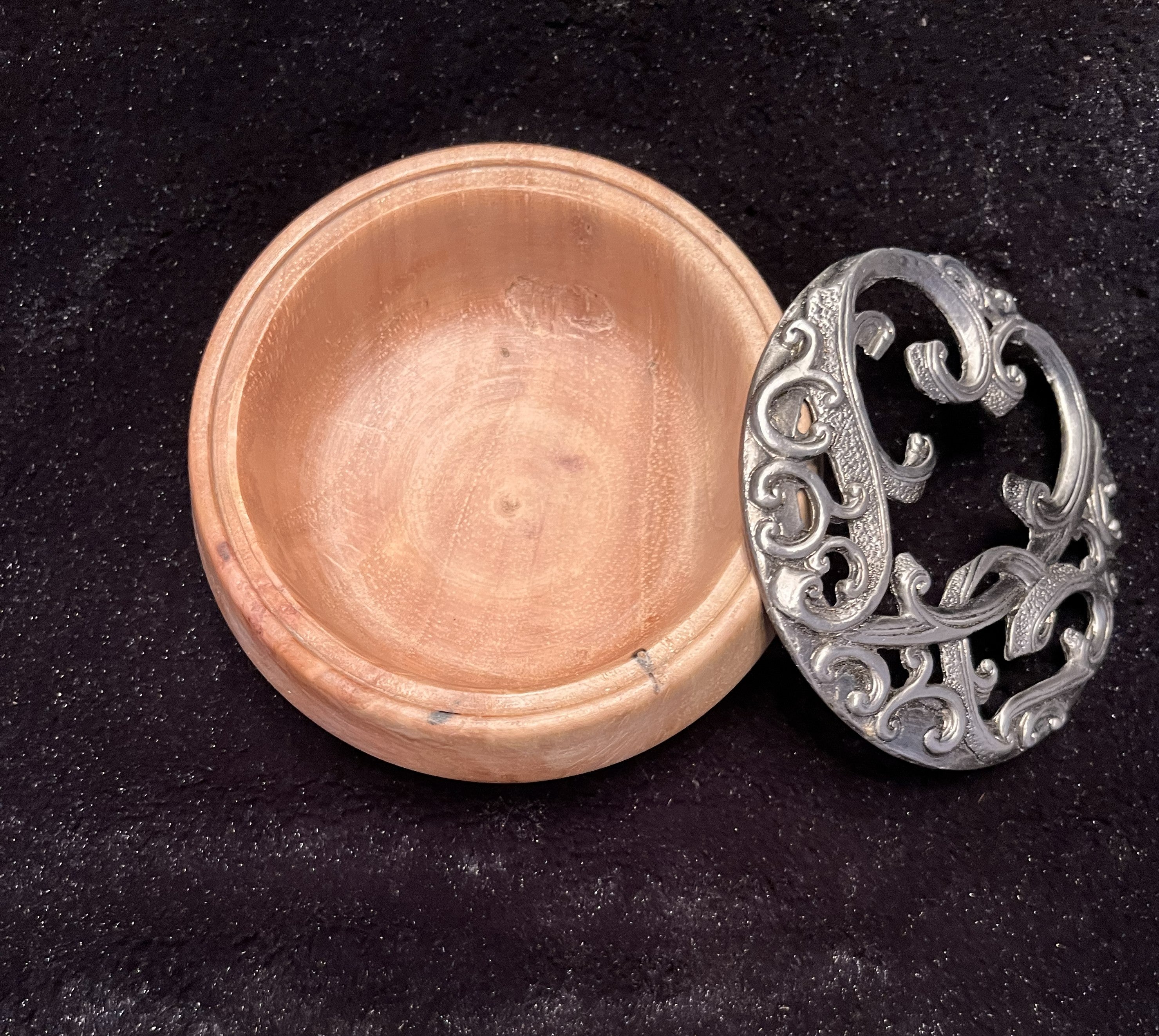 Pecan Wood Treasure Box with Cast Metal Lid - Handcrafted Decorative Jewelry Box