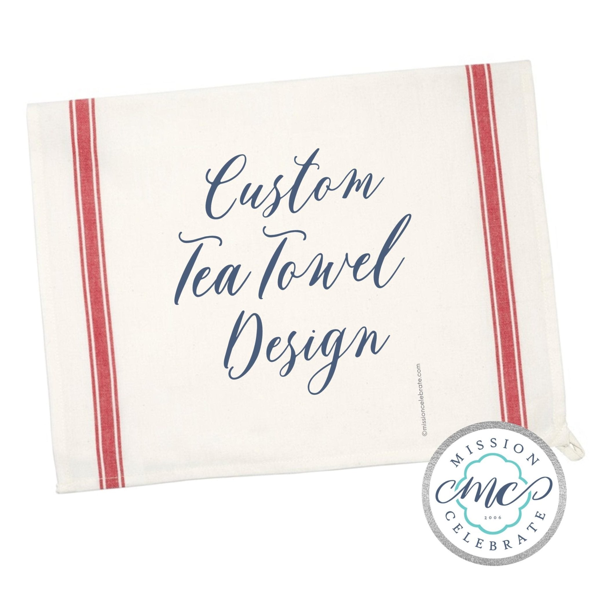 Custom Tea Towel Design by Main Street Collective. Personalized kitchen decor with red stripes. 