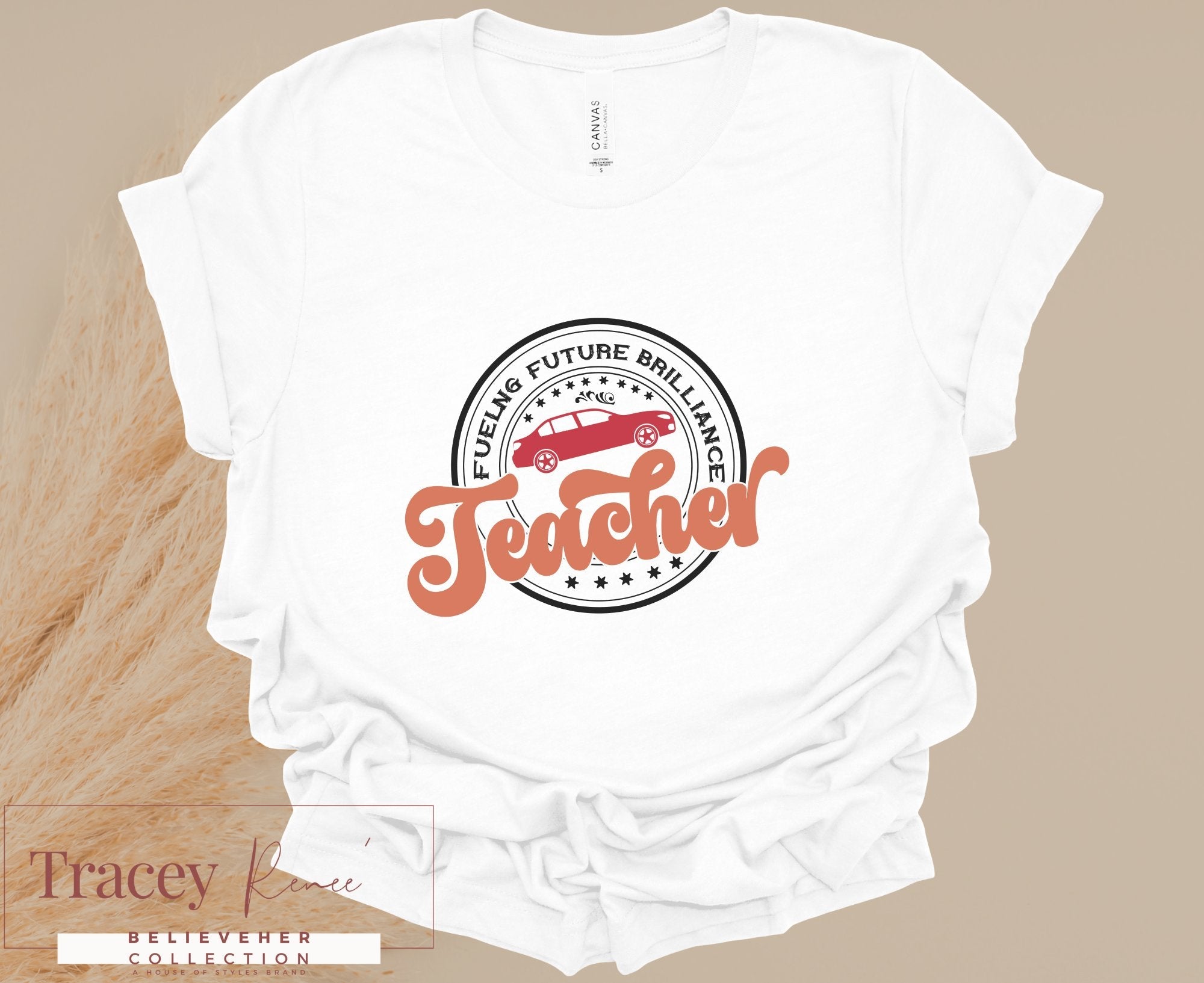 Teacher T-shirt: Fueling Future Brilliance design. White tee for educators. Perfect gift!