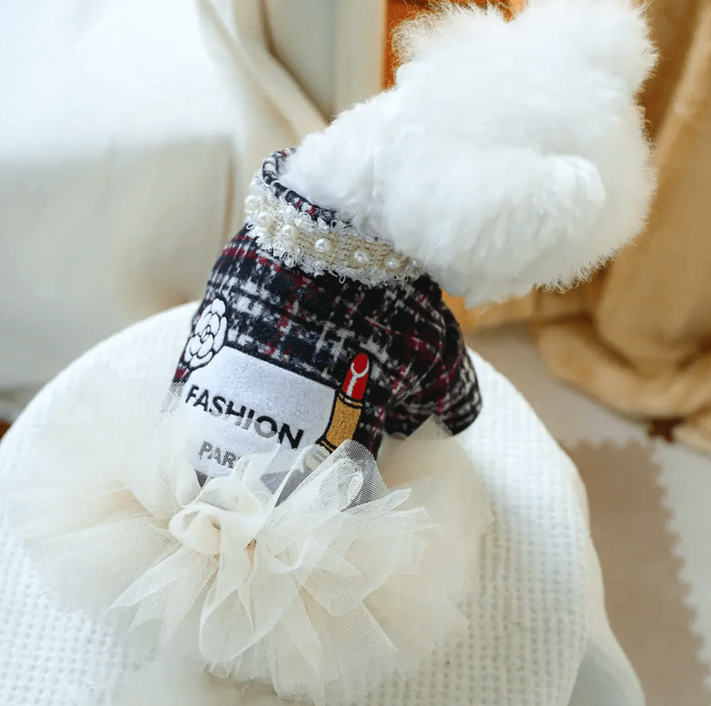 Coastal Couture Dog Dress: Tweed & Tutu Fashion with Pearl Details