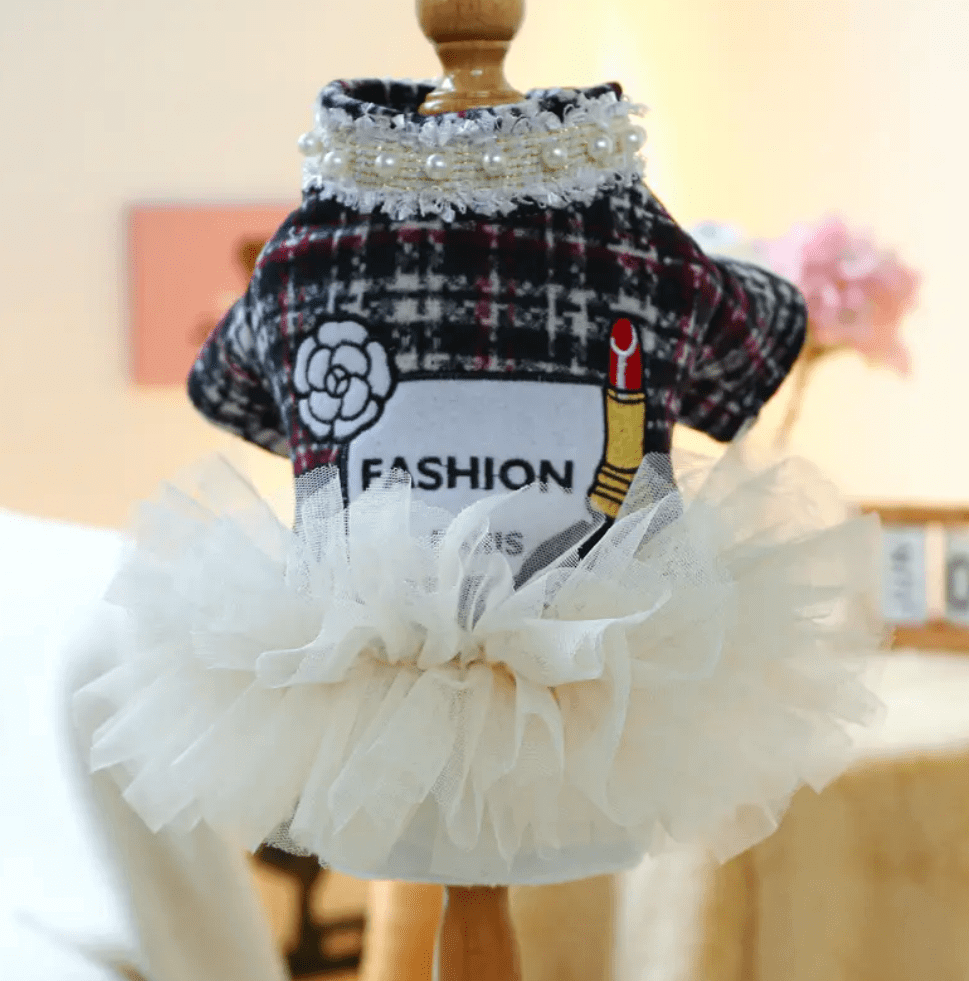Tweed Dog Dress with Tutu Skirt and Pearl Collar | Fashionable Pet Apparel