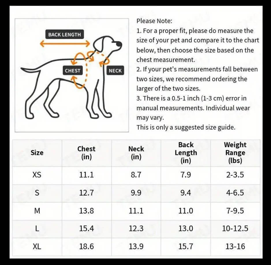 Dog Dress Size Chart: Measure Your Pup for XS-XL Fit. Find Perfect Size with Chest, Neck & Back Length Guide