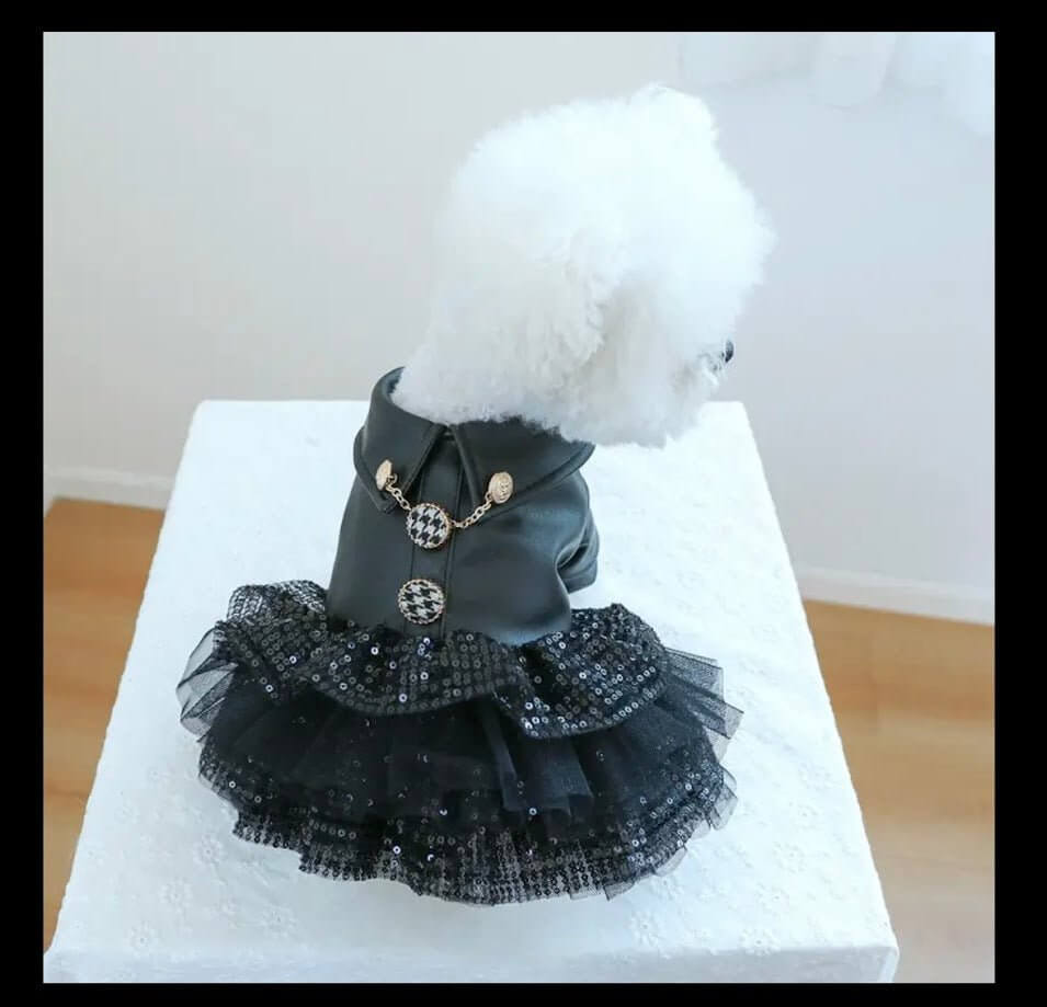 Black Leather Dog Dress Sequin Tutu Coastal Couture, Luxury Pet Fashion | Dog Clothes