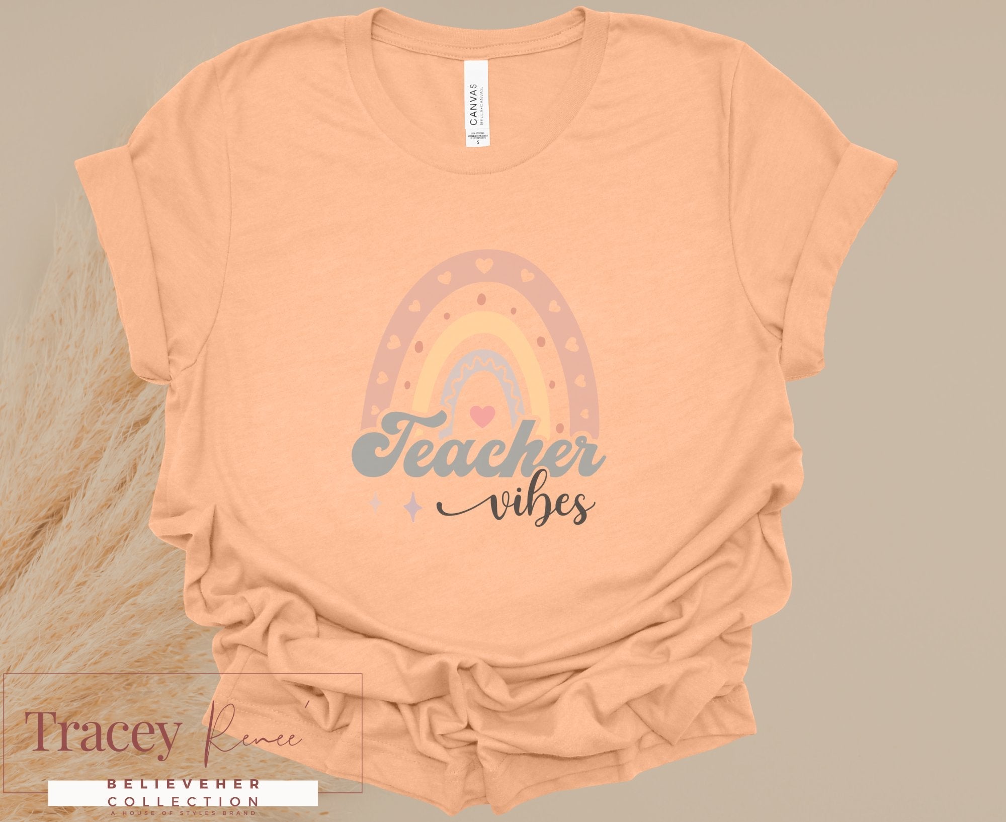 Teacher Vibes T-shirt: Peach Tee with Rainbow Design - Gift for Teachers