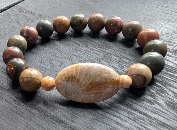 Fossil Coral Bracelet Handmade, Cherry Creek Jasper Beaded Stone Bracelet, Artisan Jewelry