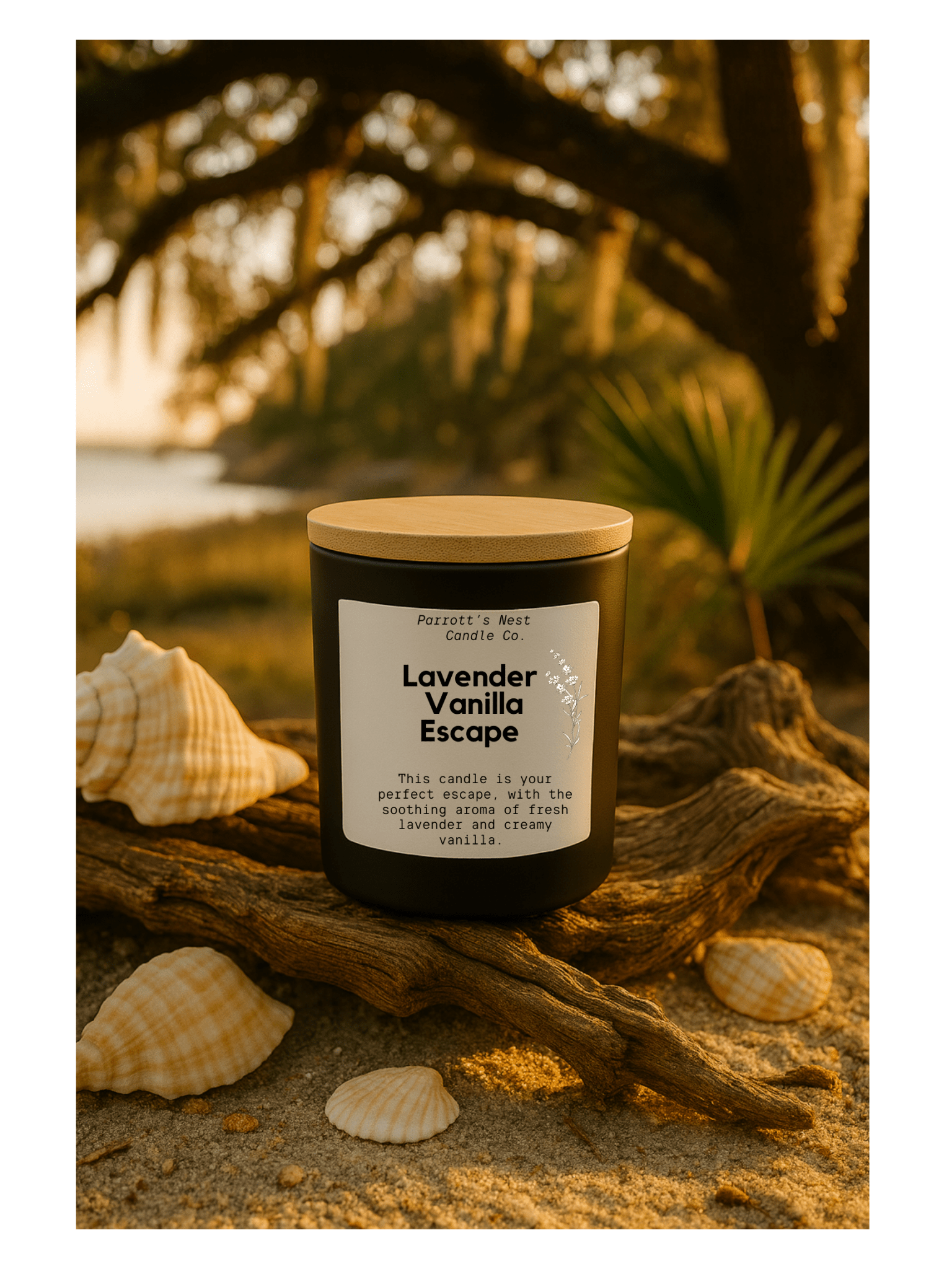 Parrott's Nest Lavender Vanilla Escape Soy Candle on Beach - Relaxing Aroma