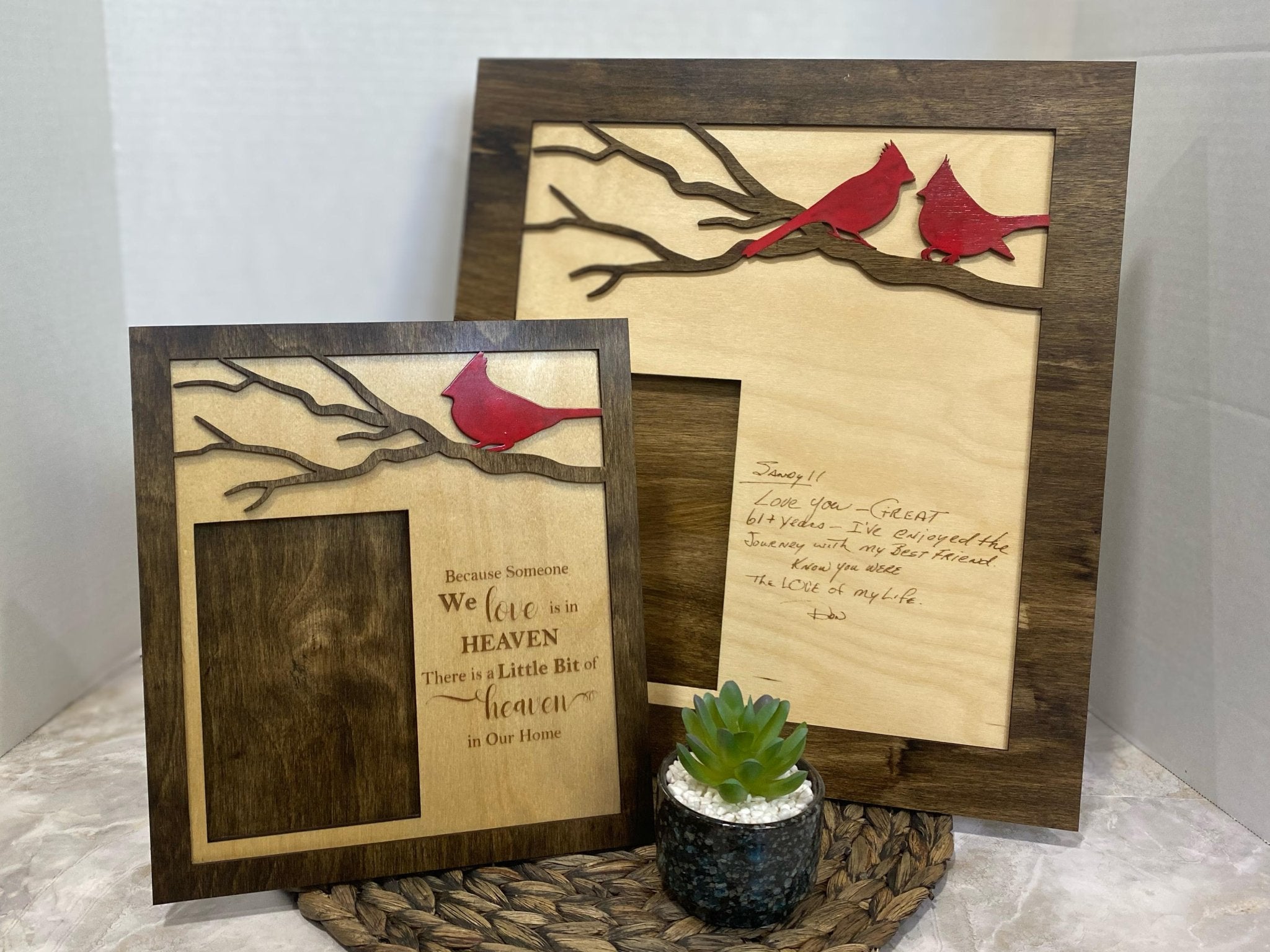 Personalized Cardinal Memorial Photo Frame - Custom Handwriting Engraved Gift, Remembrance Picture Frame, Wooden Cardinal Frame