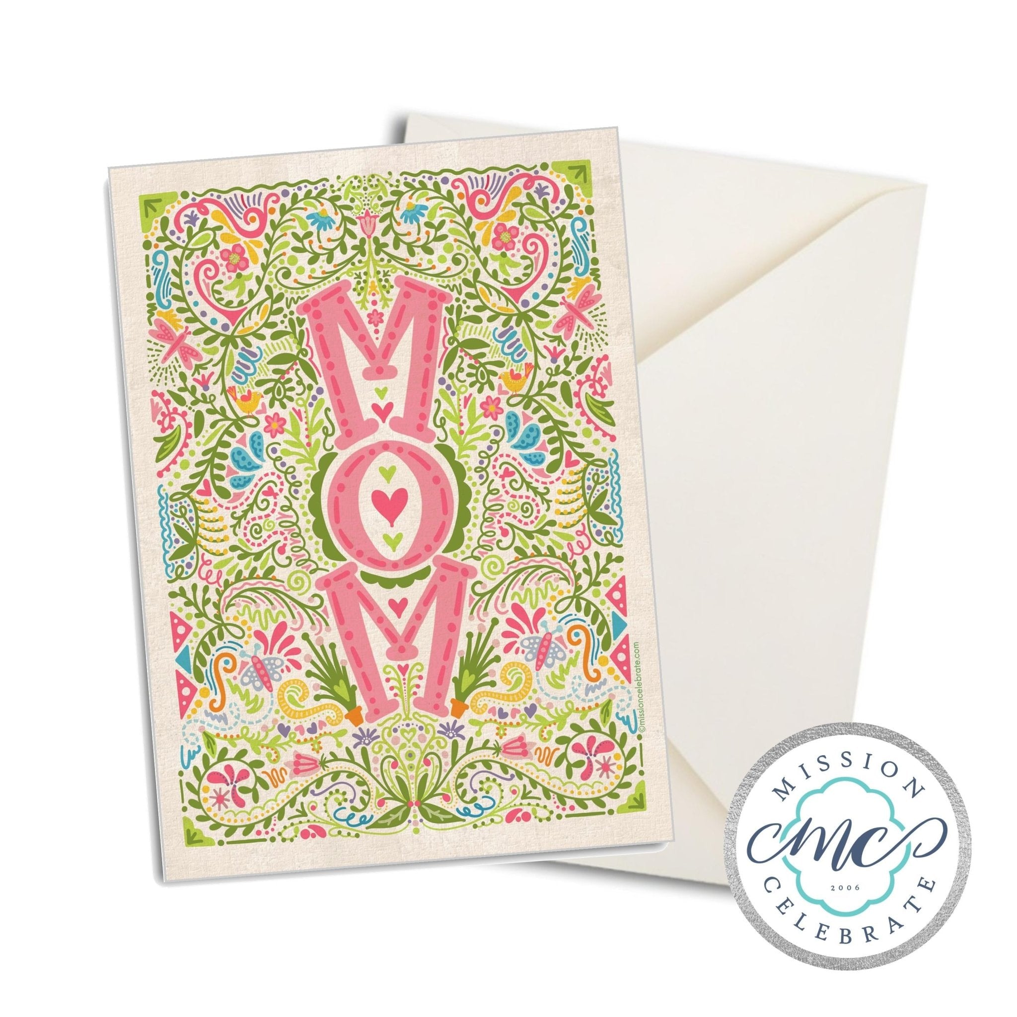 Happy Mother's Day Floral Card: Hand-drawn art greeting card with a vibrant, colorful MOM design and envelope from Main Street Collective.