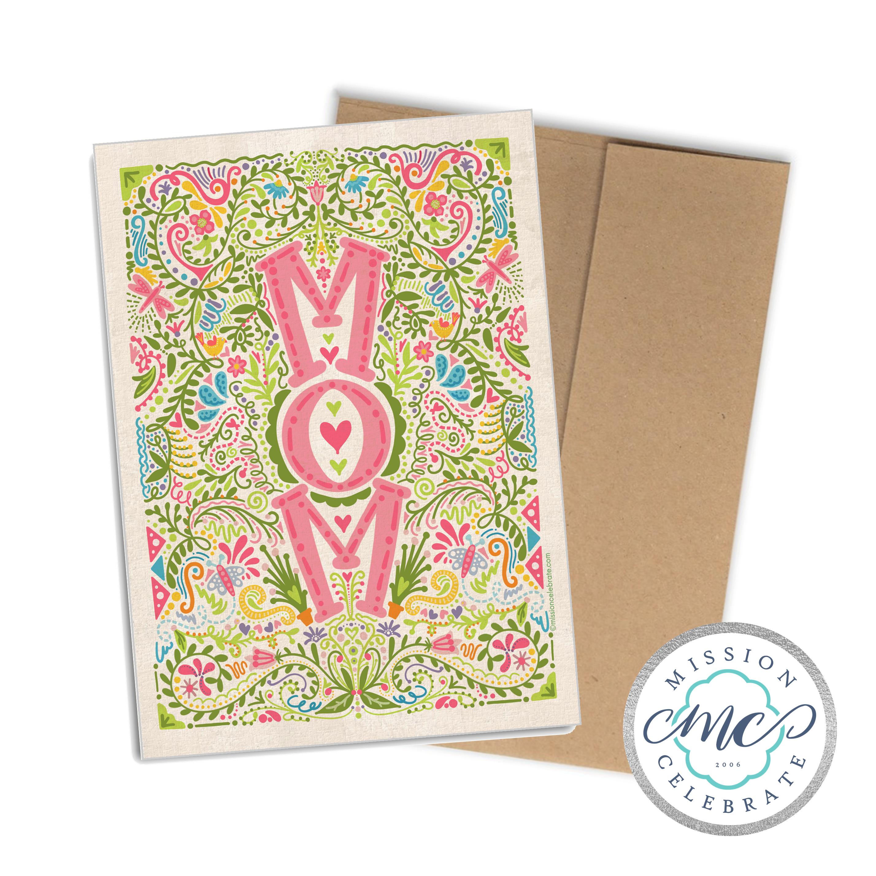 Happy Mother's Day MOM Hand Drawn Art Greeting Cards (A7 Size 5"x7" folded note note card with envelope)