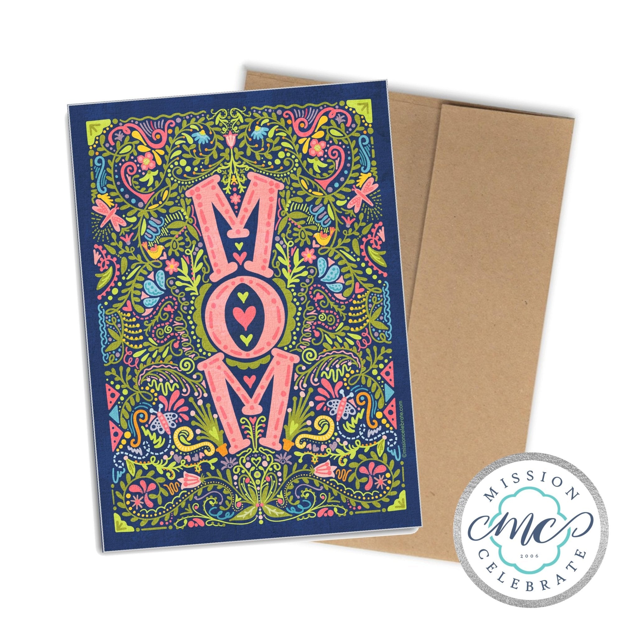 Mother's Day Card: Hand-Drawn Art, MOM Design by Leslie Gonce, A7 size with Envelope