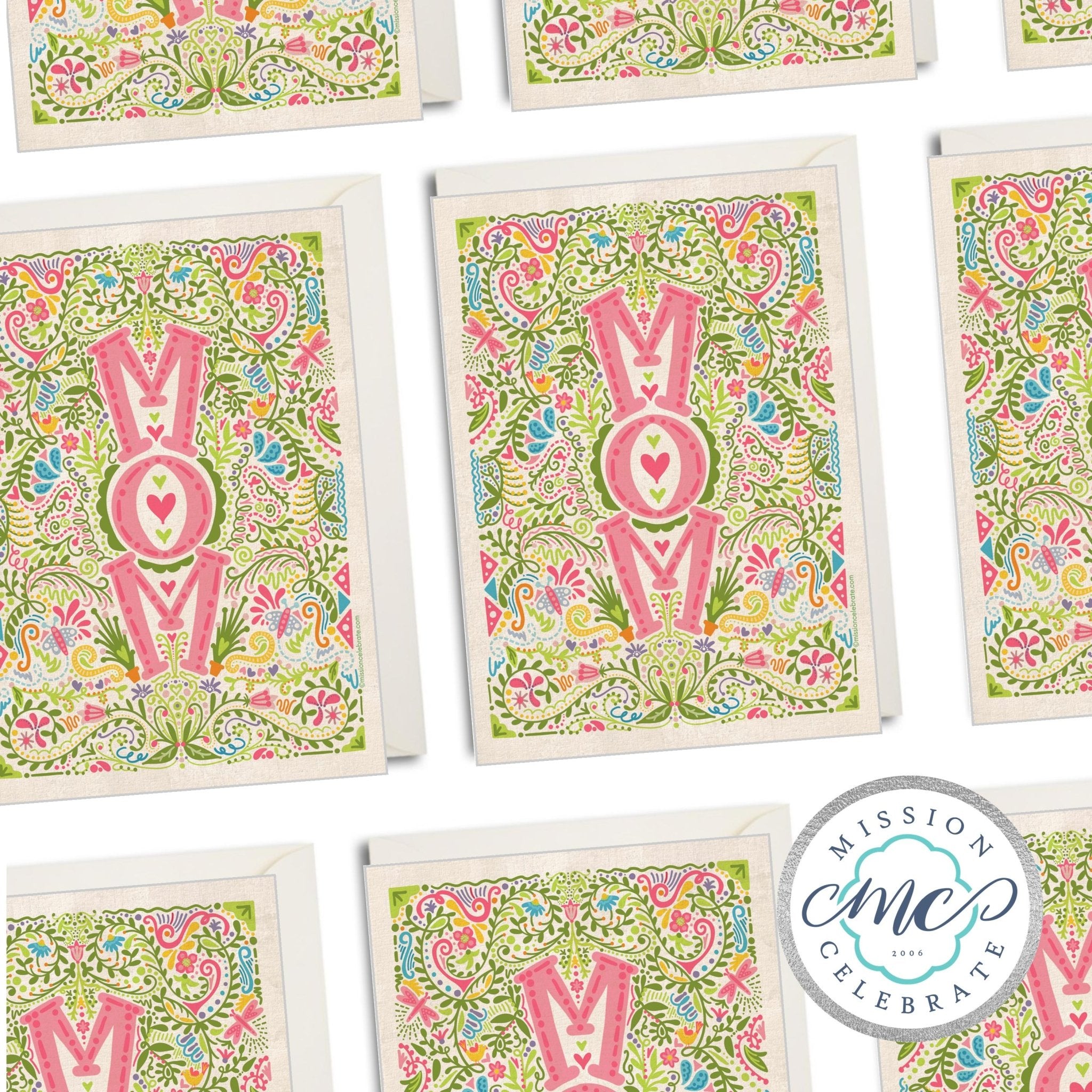 Hand-drawn Mother's Day card featuring MOM floral art by Leslie Gonce, Main Street Collective