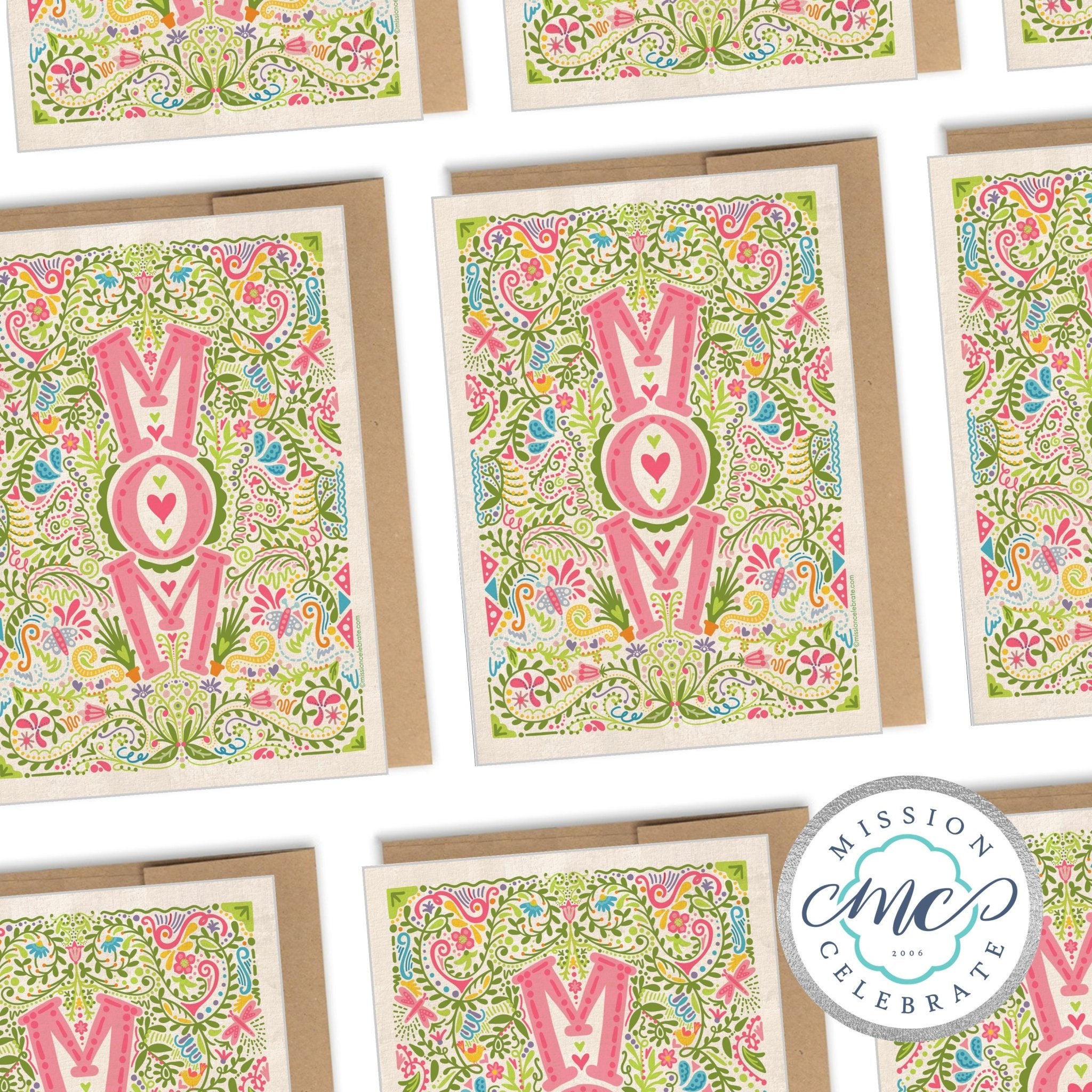 Hand Drawn Mom Mother's Day Card by Leslie Gonce, Mississippi Artist. Colorful Floral Design Greeting Card with Envelope.