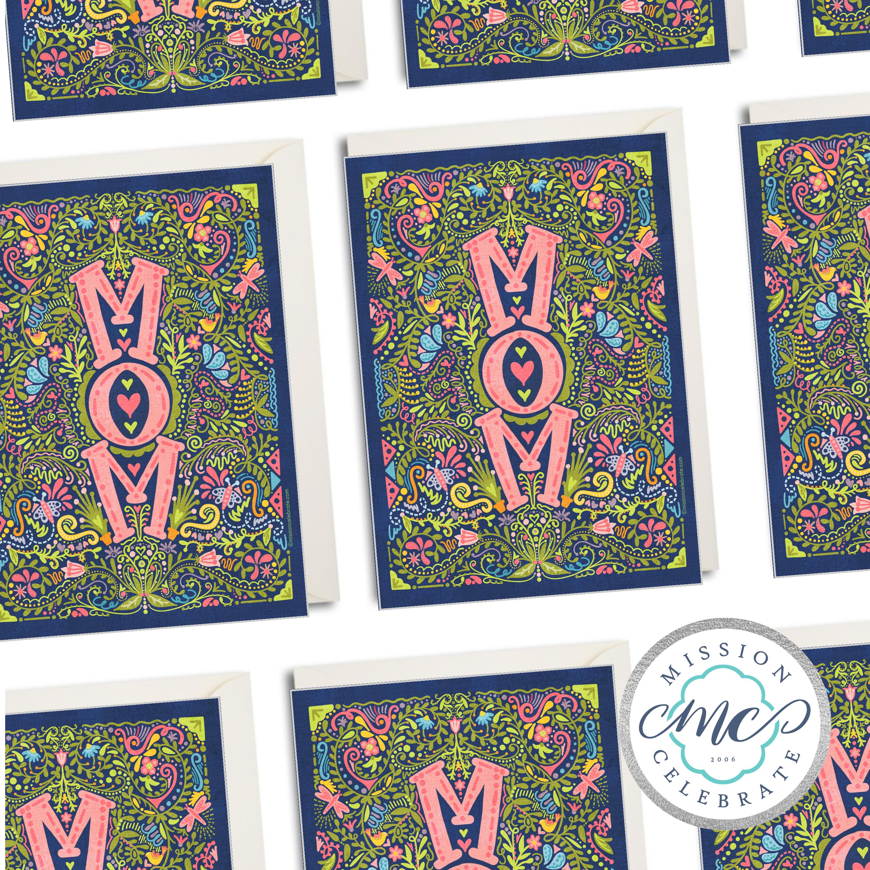 Happy Mother's Day MOM Hand Drawn Art Greeting Cards (A7 Size 5"x7" folded note note card with envelope)