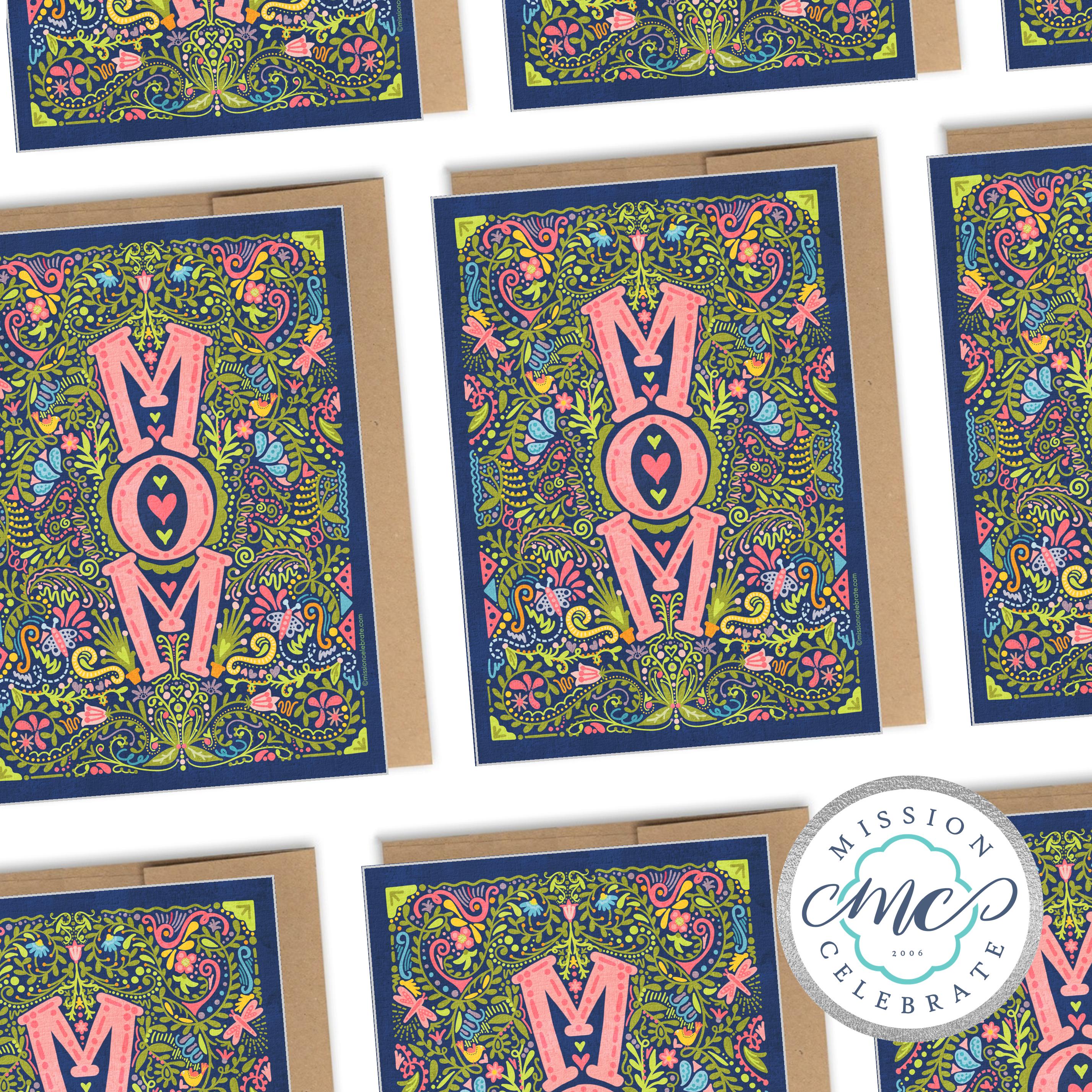 Happy Mother's Day MOM Hand Drawn Art Greeting Cards (A7 Size 5"x7" folded note note card with envelope)