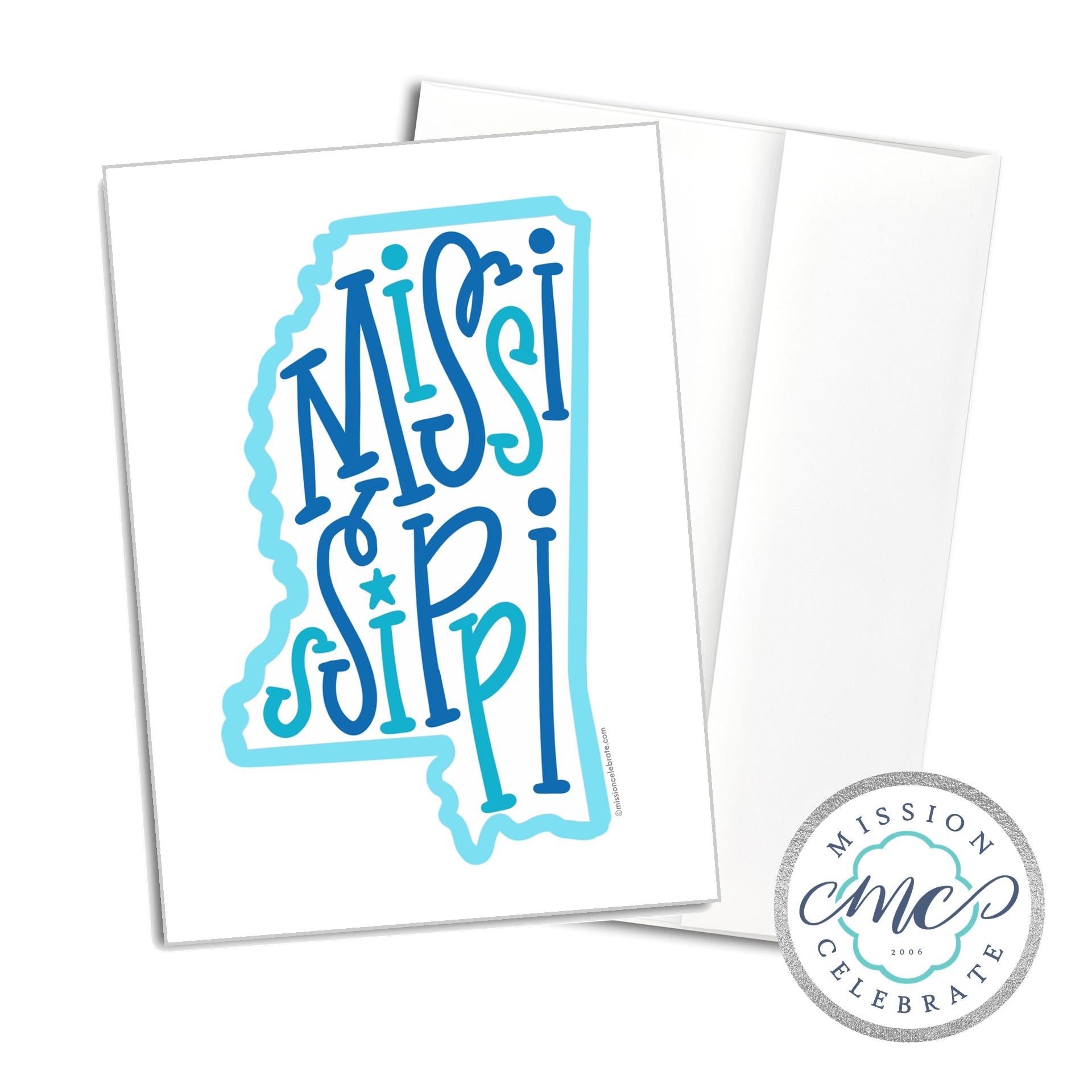 Mississippi Bouncy Letters Handlettered Original Art Greeting Cards (blues) (A7 Size 5"x7" folded note note card with envelope)