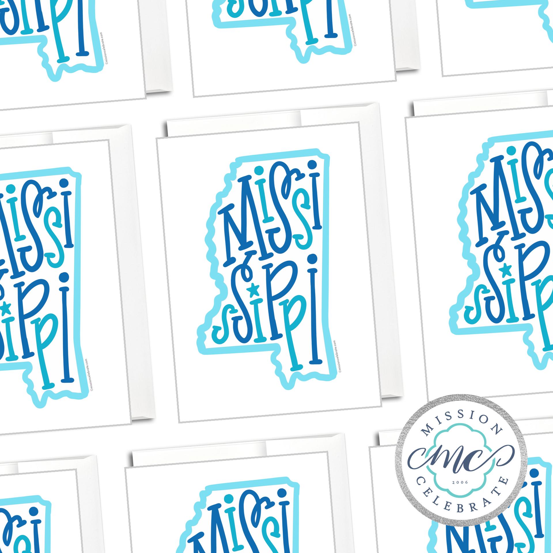 Mississippi Bouncy Letters Handlettered Original Art Greeting Cards (blues) (A7 Size 5"x7" folded note note card with envelope)