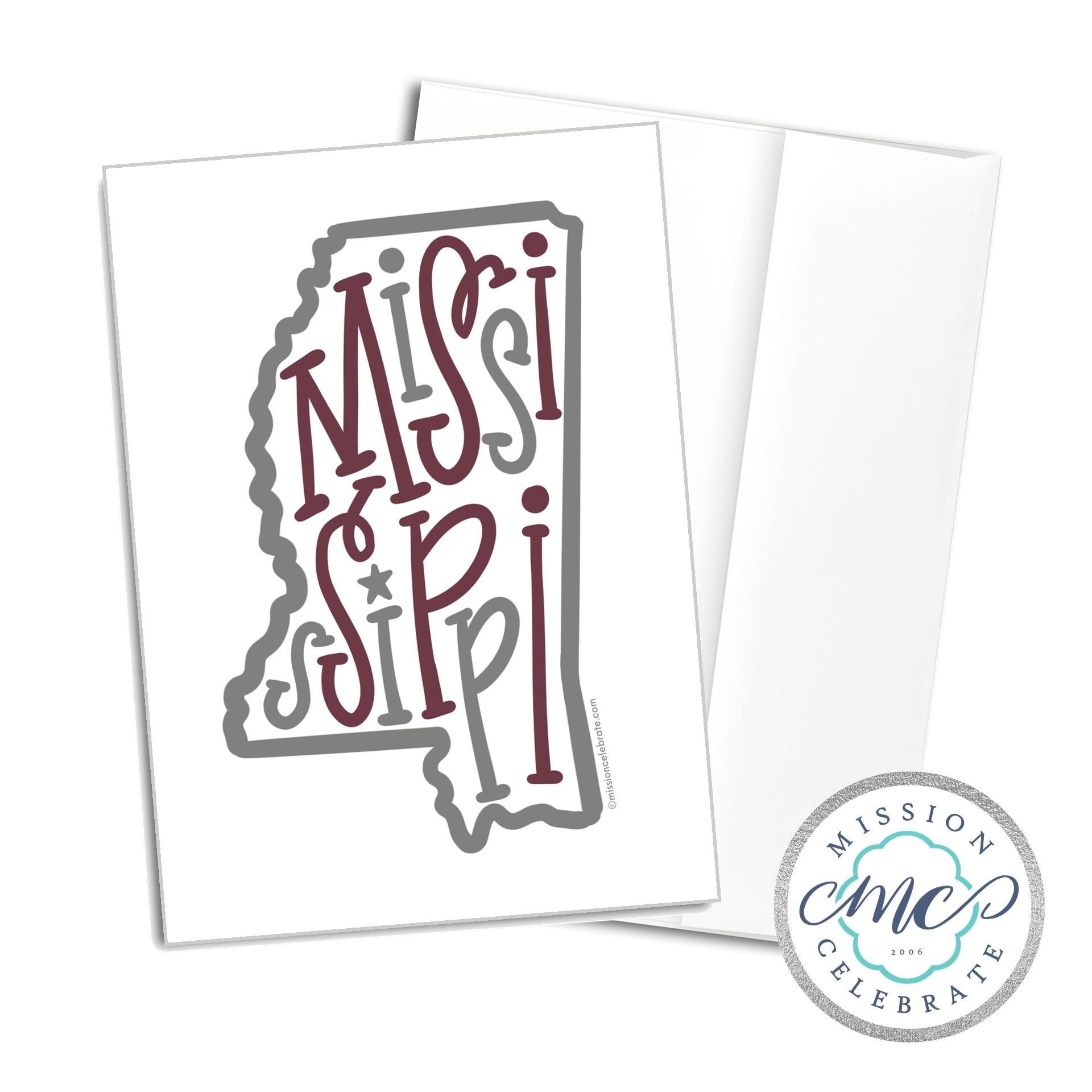 Mississippi Bouncy Letters Handlettered Original Art Greeting Cards (maroon & gray) (A7 Size 5"x7" folded note note card with envelope) (Copy)